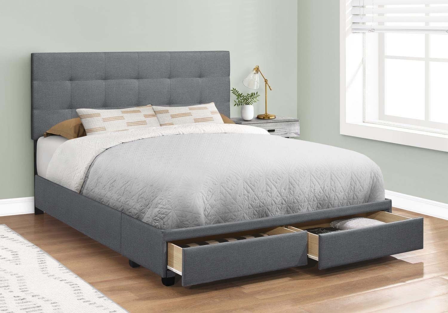 Monarch Specialties I 6022Q Bed, Queen Size, Platform, Bedroom, Frame, Upholstered, Linen Look, Wood Legs, Grey, Transitional