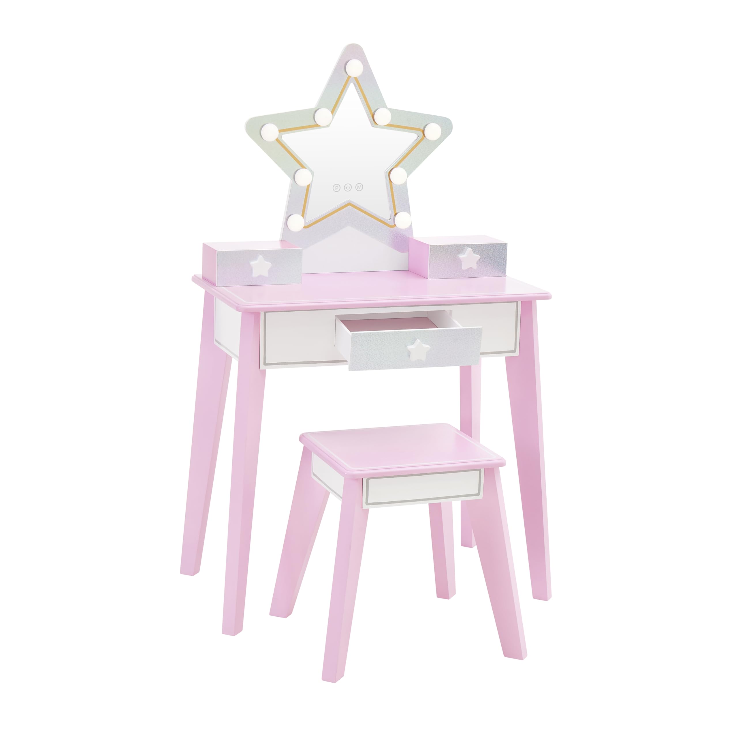 Teamson Kids Star Vanity Set with LED Lights for Girls, Pink 2-Piece Kids Makeup Table with Mirror, 3 Storage Drawers & Matching