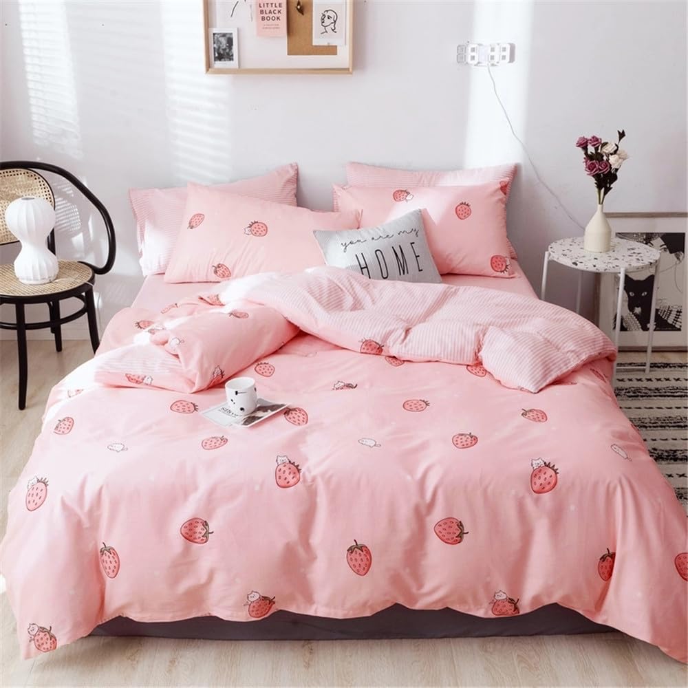 VM VOUGEMARKET Kids Duvet Cover Twin XL,Cute Strawberry Fruit Duvet Cover Set,Cotton Pink Striped Bedding Set for Teen Girls Rev