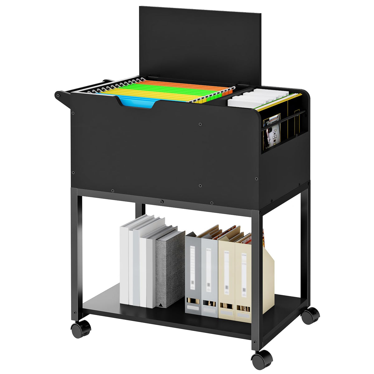 Hoobro Rolling File Cart, Mobile File Cabinet With Wheels, File Cart With Hanging Files And Flip-Up Lid, Open Storage Shelf, For