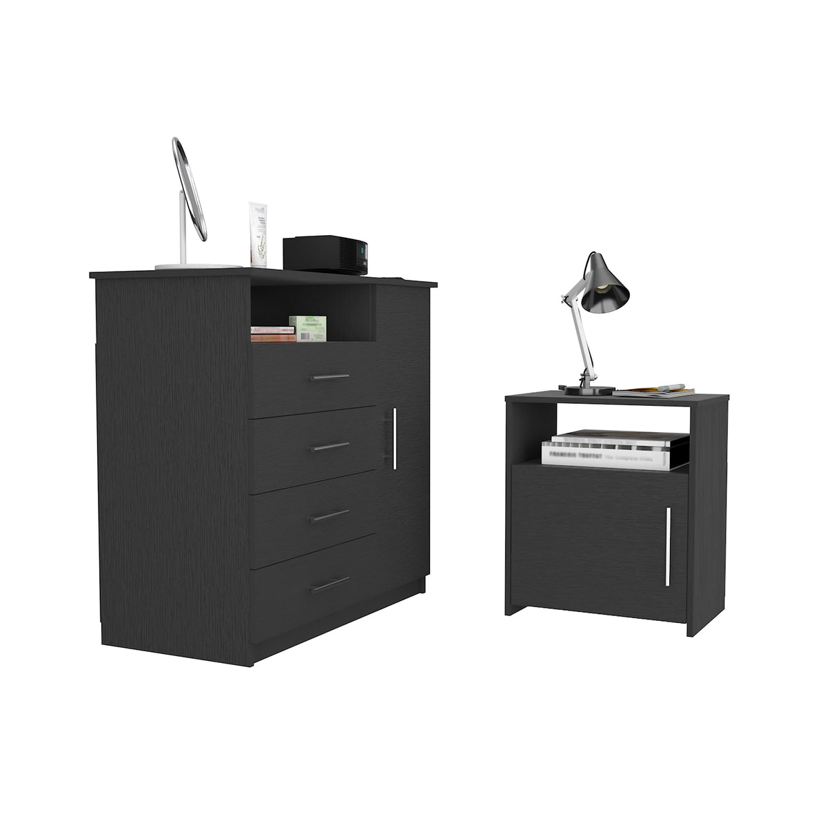 DEPOT E-SHOP Maine 2 Piece Bedroom Set, Drawer Dresser + Nightstand, Black