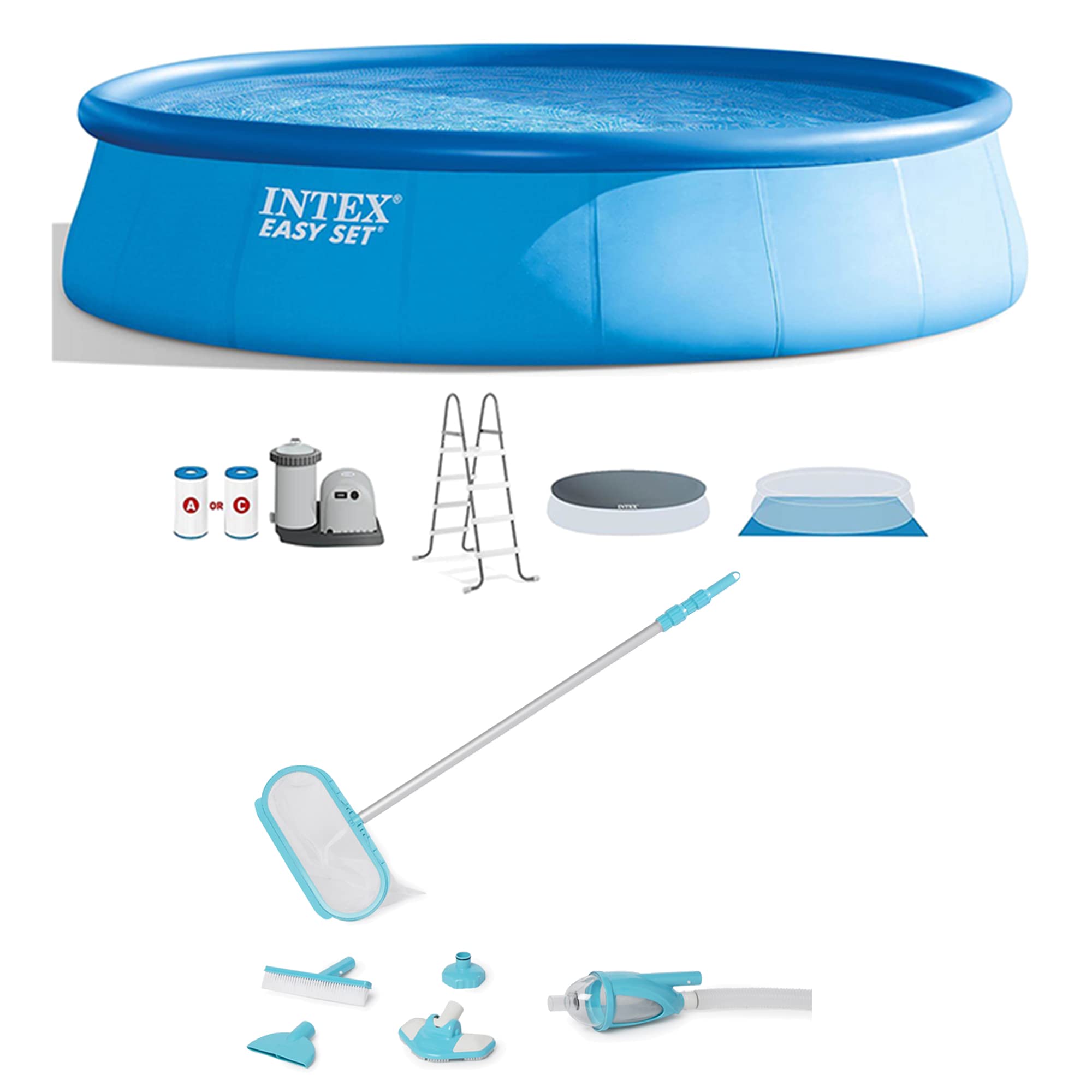 Intex Easy Set Round Above Ground Inflatable Swimming Pool With Filter Pump, Ladder, And Deluxe Maintenance Pool Cleaning Kit, B