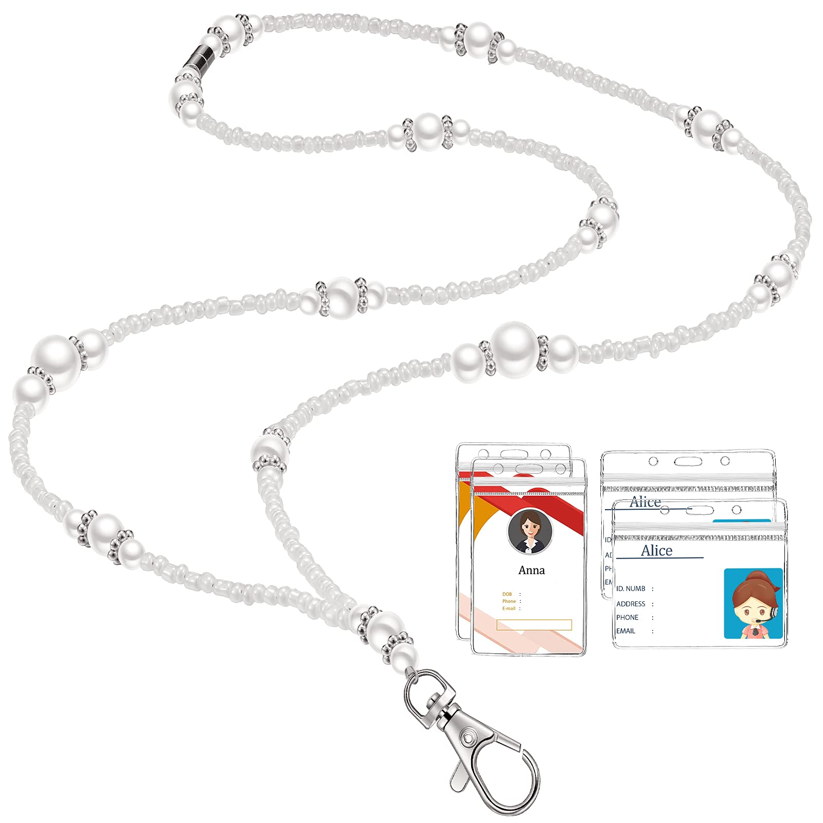 Zonon Pearl Badge Lanyard With 4 Pcs Id Holders For Women Beaded Neck Lanyard Artificial Pearl Key Reel Lanyard With Horizontal