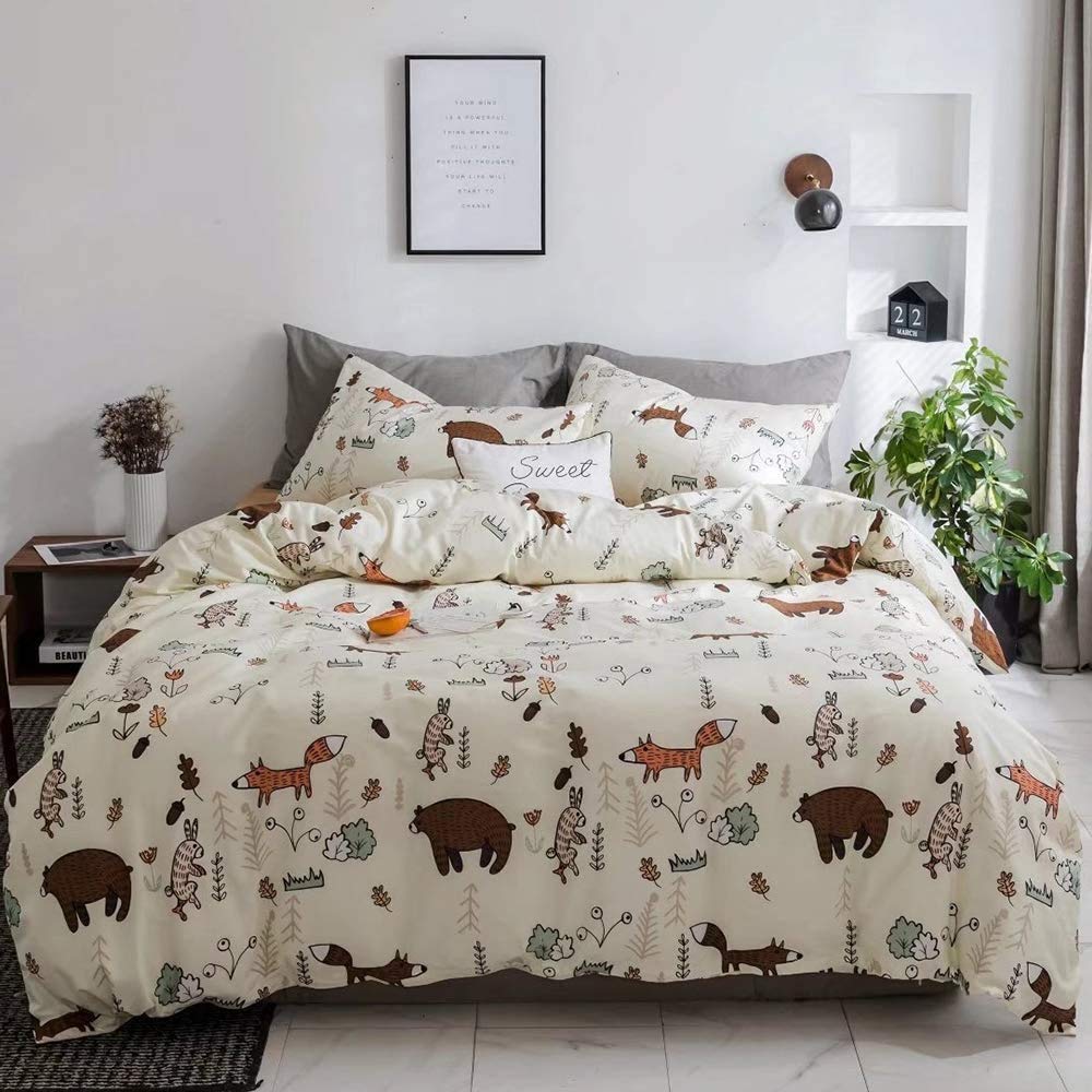Houseri Beige Bear Comforter Set Twin Size 3 Pieces Toddler Girls Boys Woodland Theme Cartoon Bedding Sets Ultra Comfy Fox Rabbi