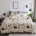 Houseri Beige Bear Comforter Set Queen Teen Girls Woodland Kawaii Fox Rabbit Cartoon Bedding Sets Full Size Boys Animal Patterne