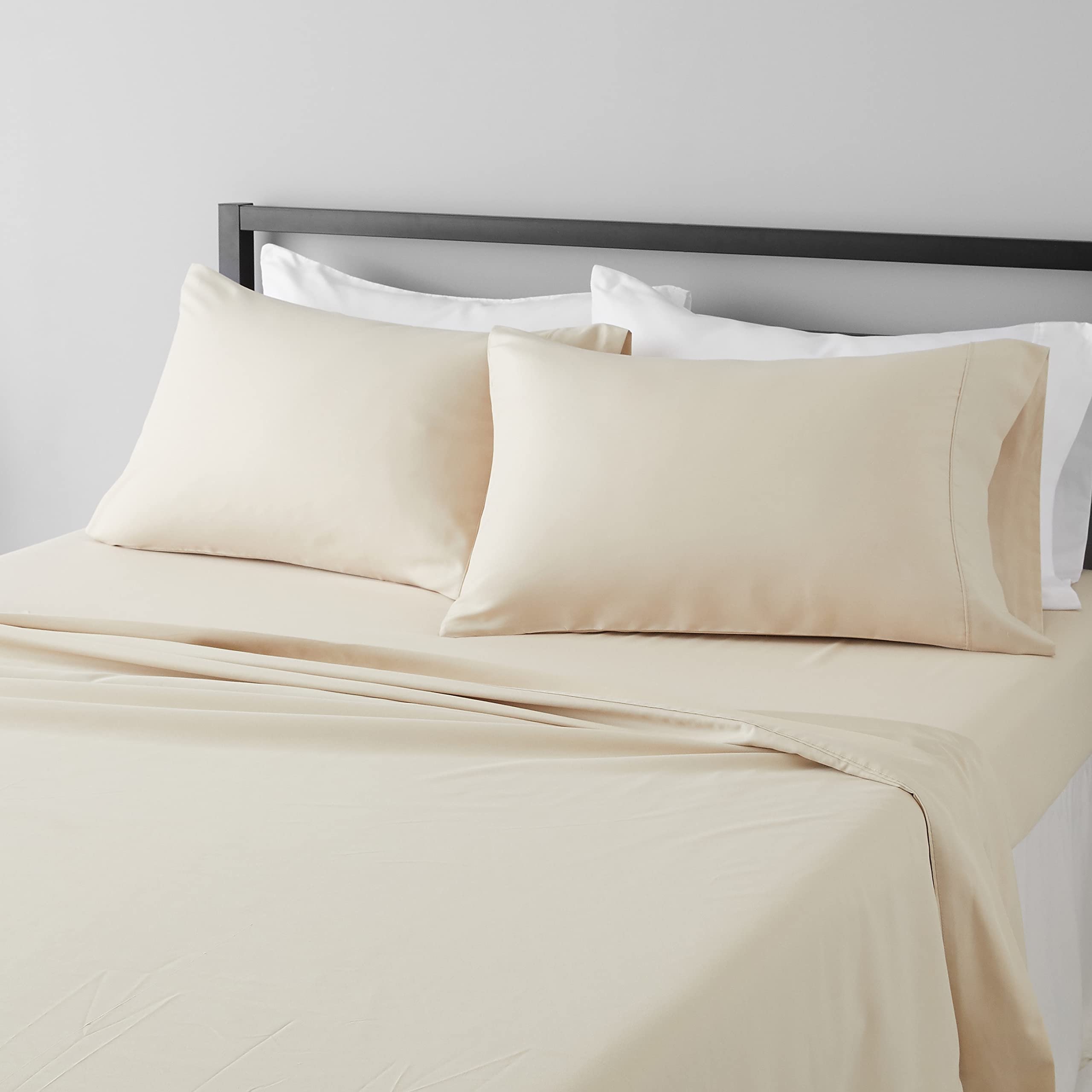 Amazon Basics Lightweight Super Soft Easy Care Microfiber Bed Sheet Set with 14 Deep Pockets - Full (Pack of 4), Beige, Solid