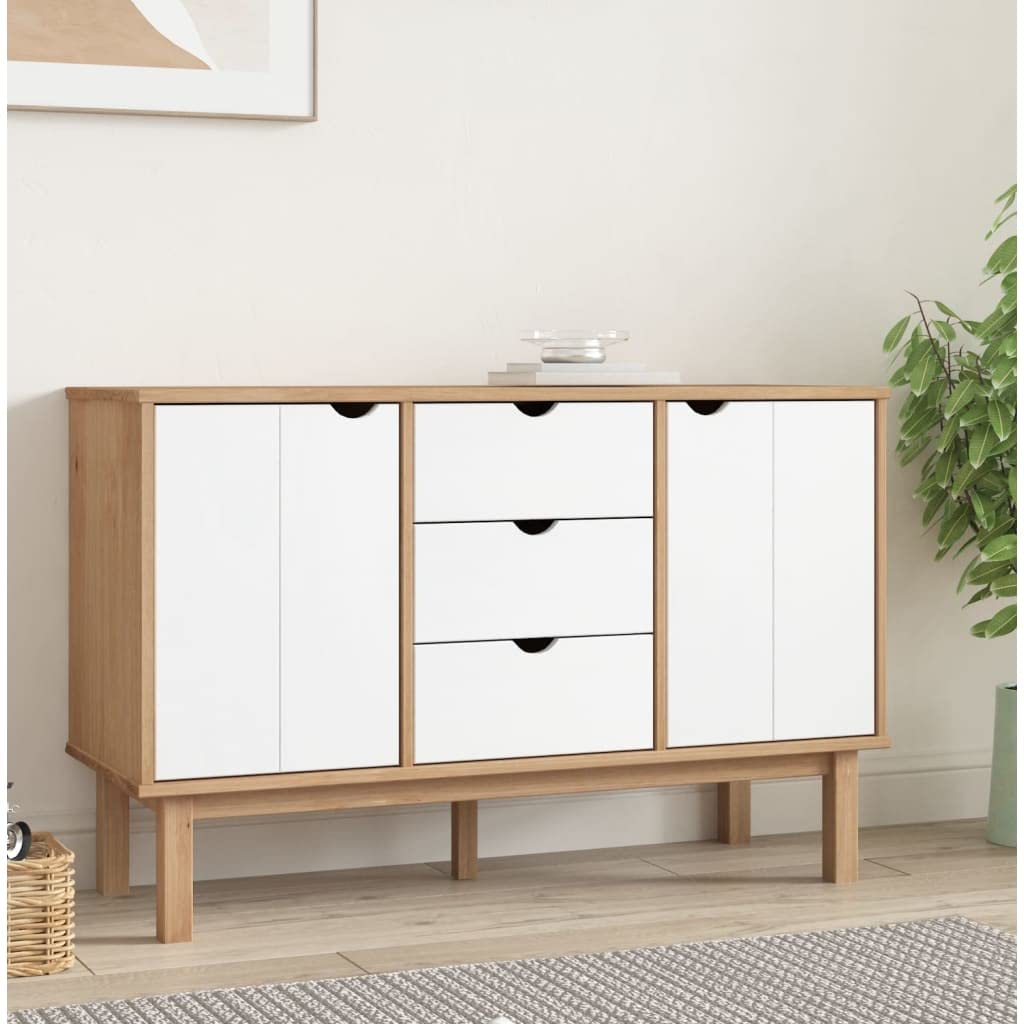 vidaXL OTTA Brown and White Wooden Sideboard, 44.7&quot;x16.9&quot;x28.7&quot;, Solid Pinewood and Engineered Wood, Scandinavian Design with 3 Drawers and 2 Compartments