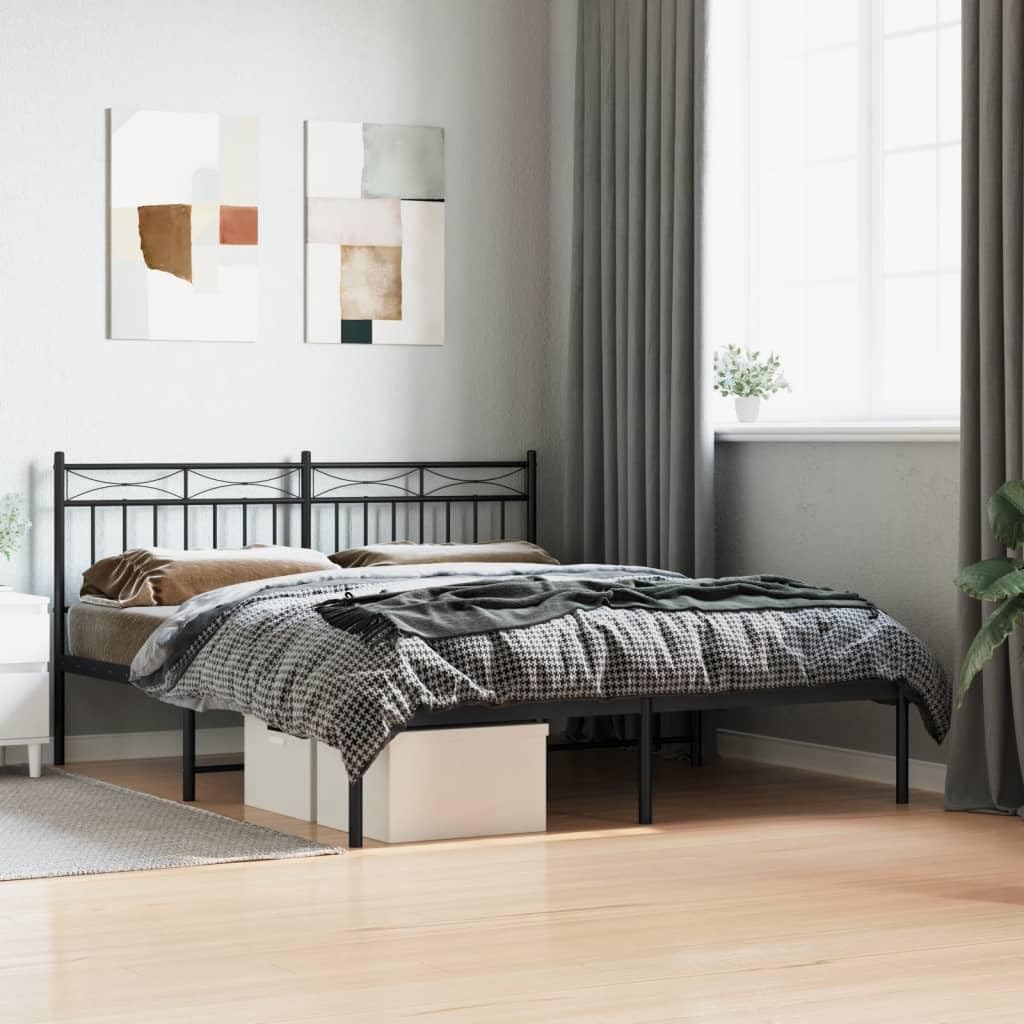 vidaXL Modern Double Bed - Robust Metal Frame with Headboard and Extra Storage Space - Black Steel Bed Frame - Ideal for Bedroom or Guest Room - Requires Assembly