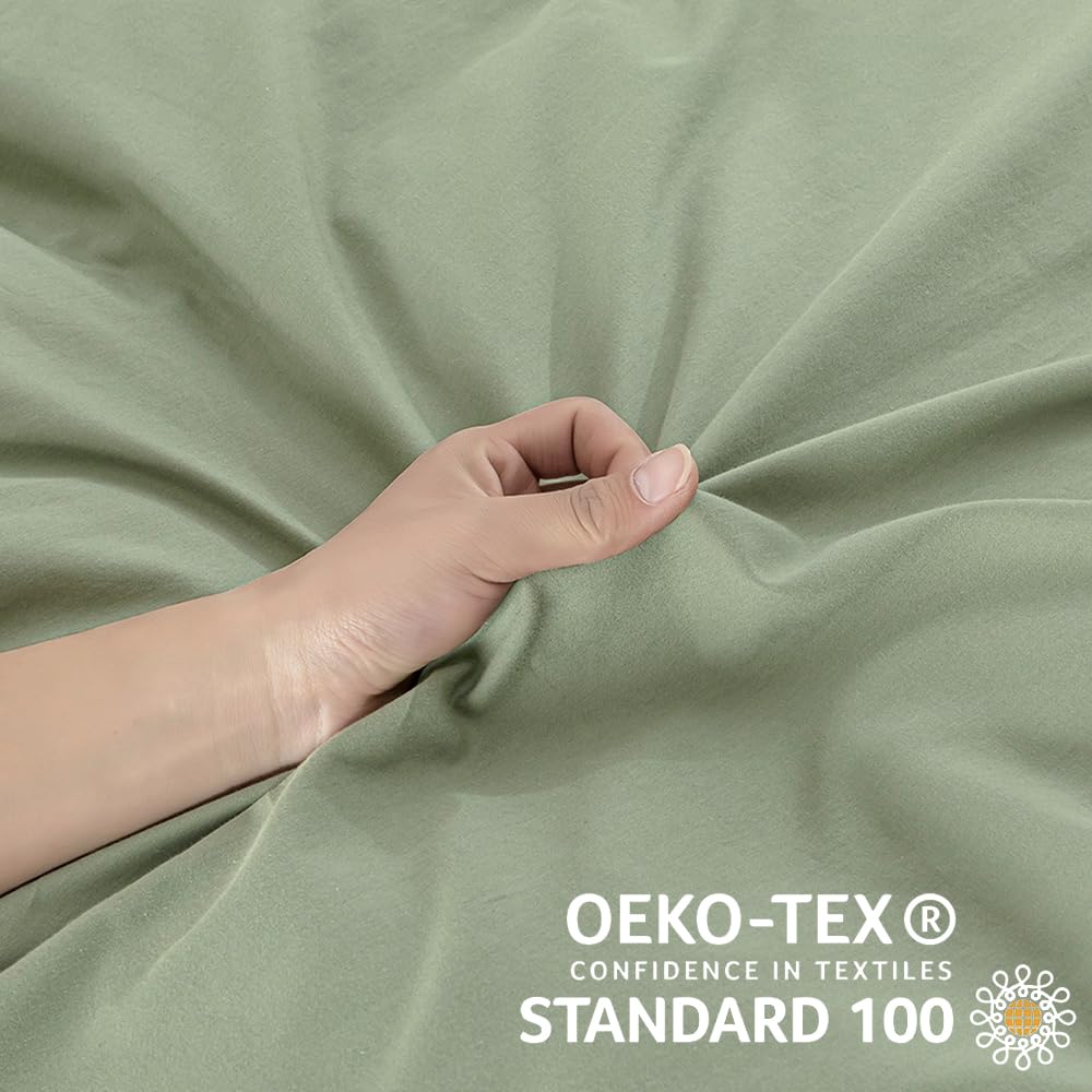 Jellymoni Light Green Duvet Cover Full Size - 100% Washed Cotton Linen Like Textured Comforter Cover, 3 Pieces Breathable Soft B