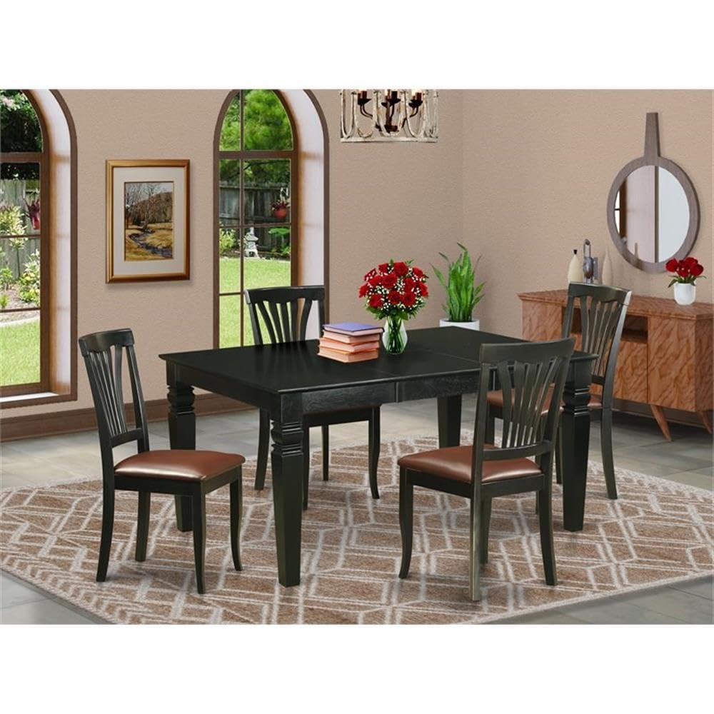 East West Furniture WEAV5-BLK-LC 5 Piece Modern Dining Table Set Includes a Rectangle Wooden Table with Butterfly Leaf and 4 Faux Leather Dining Room Chairs, 42x60 Inch, Black