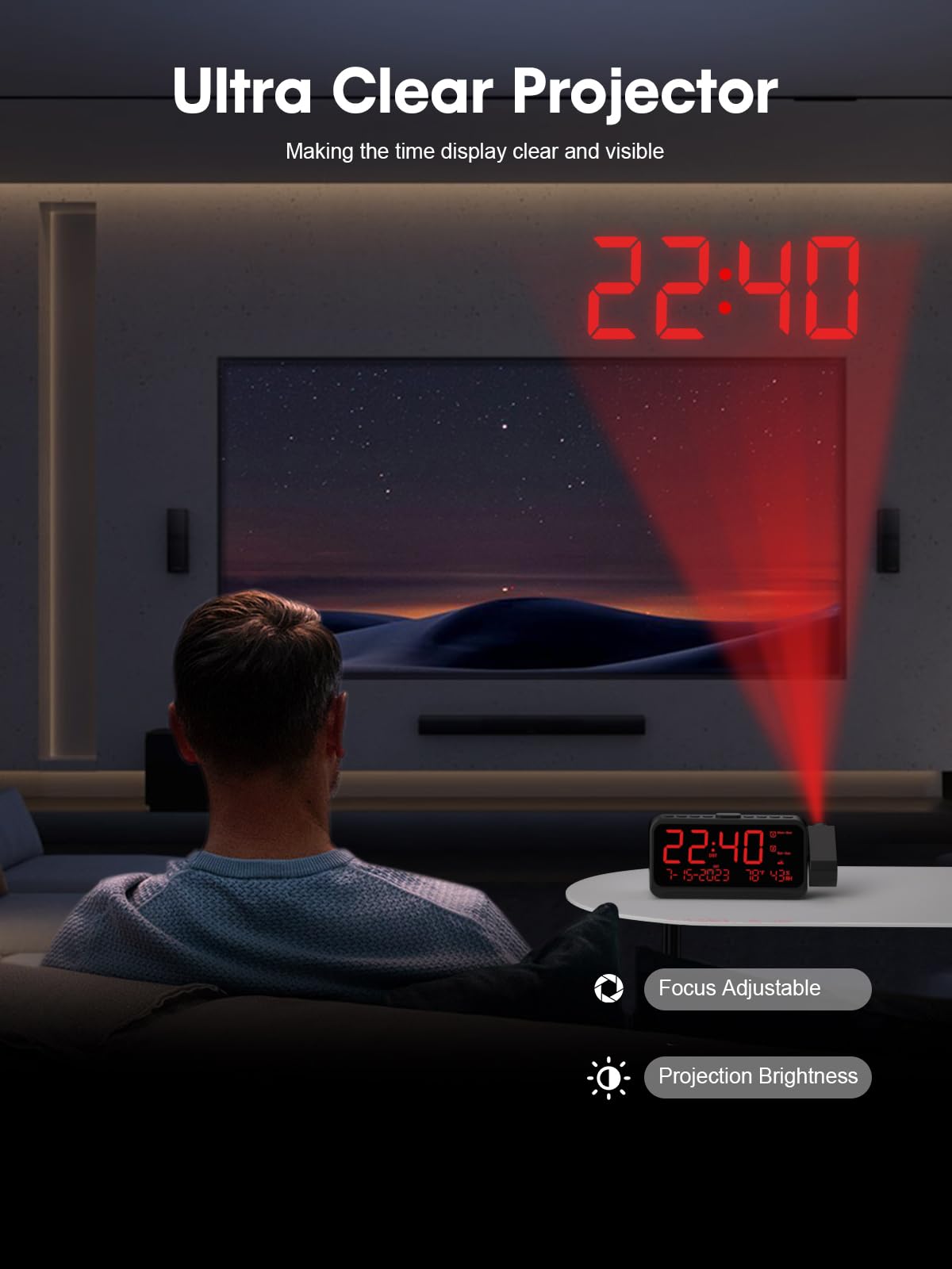 ROCAM 180° Projection Clock, Digital Alarm Clock with USB Ports, 5-Level Dimmer, Snooze, Date & Temp, Red, 7.87x2.36x3.