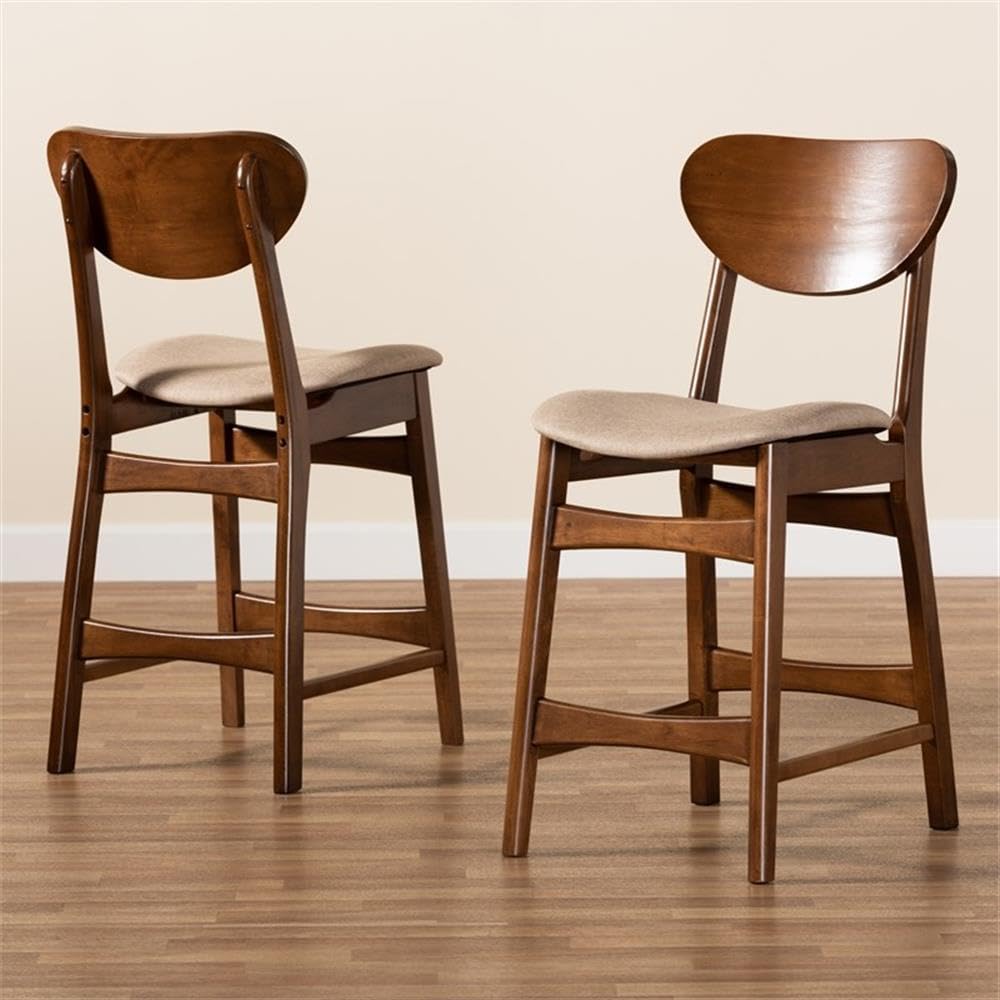 Baxton Studio Katya Mid-Century Modern Sand Fabric Upholstered and Walnut Brown Finished Wood 2-Piece Counter Stool Set