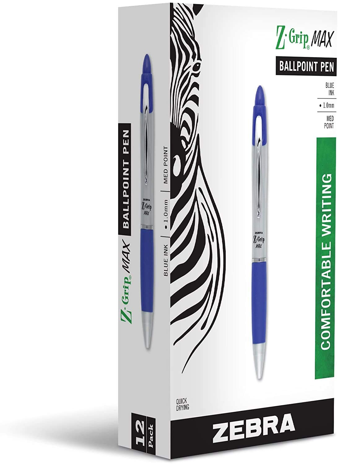 Zebra Pen Z-Grip Max Retractable Ballpoint Pen, Medium Point, 1.0Mm, Silver Barrel, Blue Ink, 12 Pack