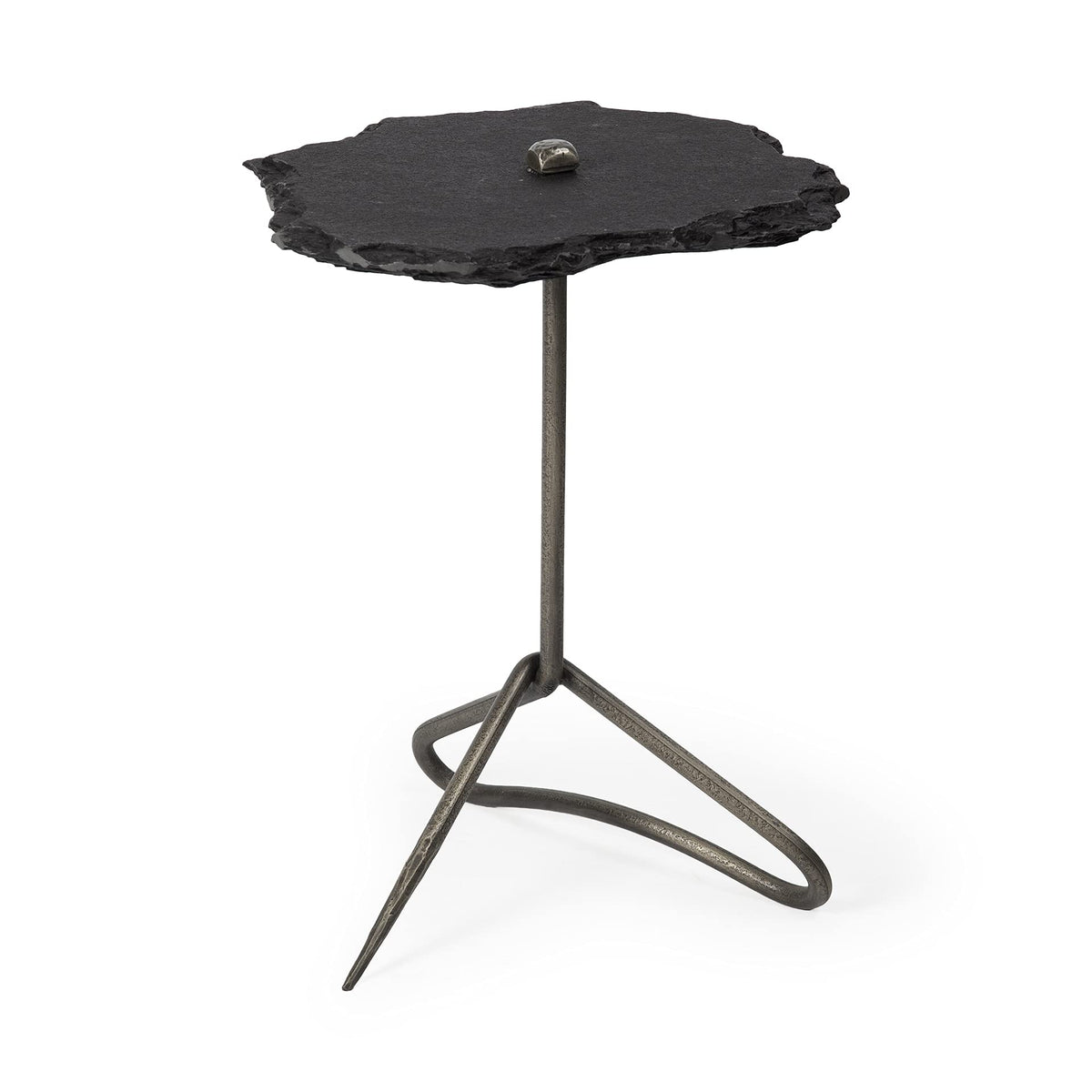 HomeRoots Slate; Metal Black Slate-Top Accent Table with Triangular Iron Base