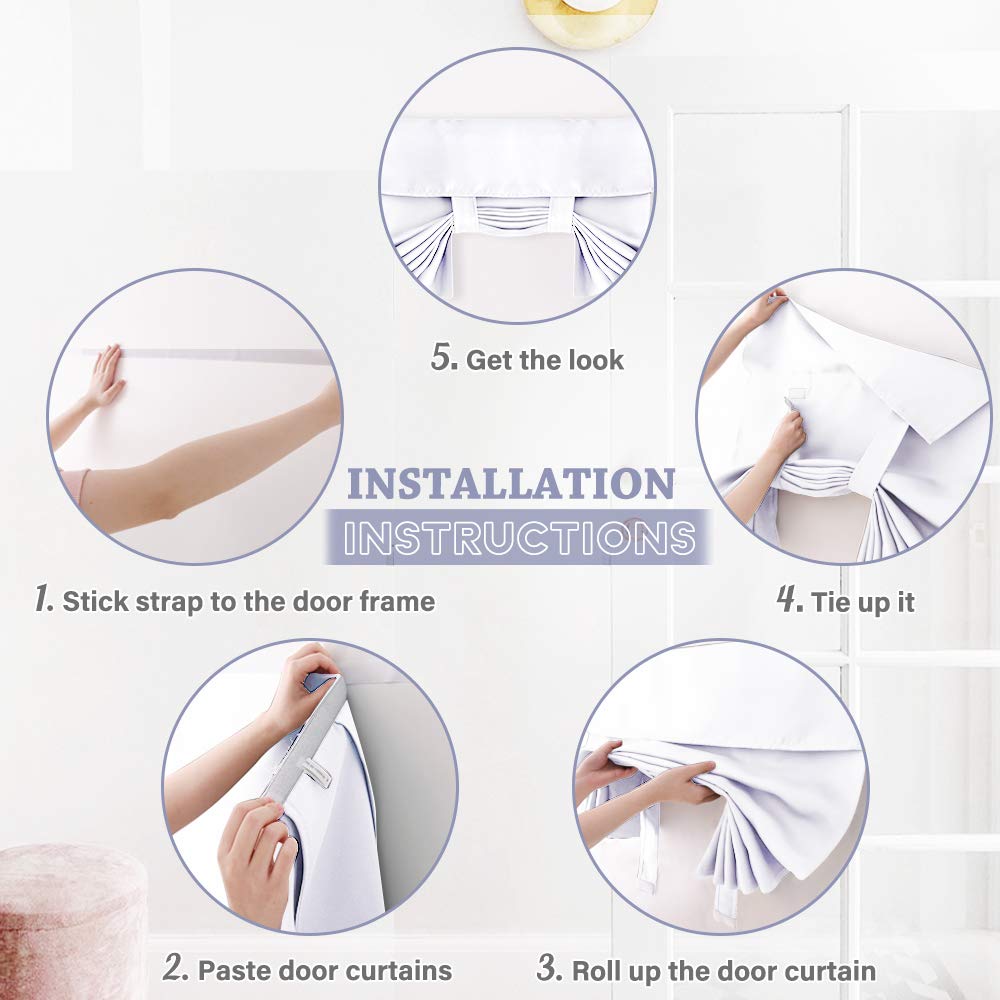 Ryb Home Privacy Door Curtains - Room Darkening French Door Curtain Sidelight Window Curtains For Tricia Door Portable Self Adhesive Drapes For Office, 26 Inch Wide X 69 Inch Long, 2 Pcs, Pure White