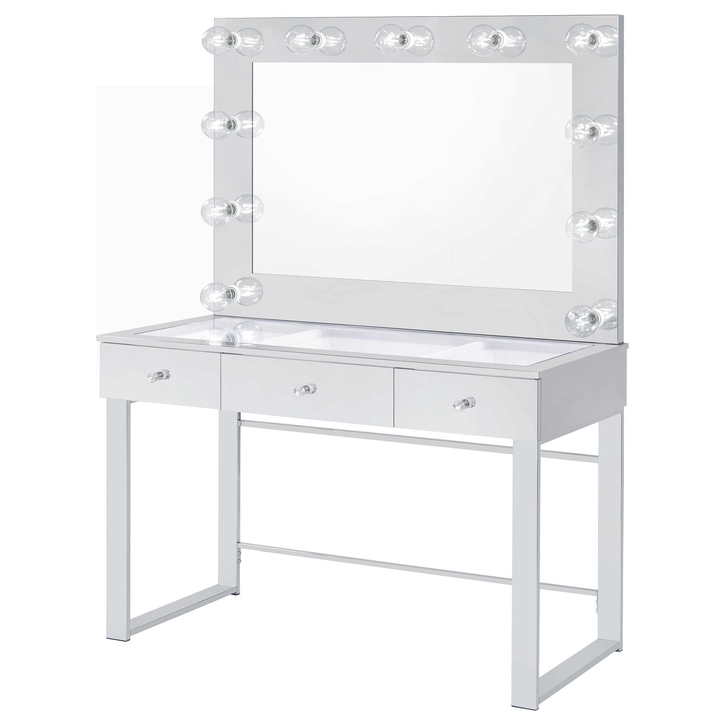 Coaster Home Furnishings Umbridge Modern Classic 2-Piece 3-Drawer Chrome Metal Wrapped Makeup Vanity Desk with Hollywood Vanity Mirror for Bedroom Makeup Table Tempered Glass Top Chrome 935934