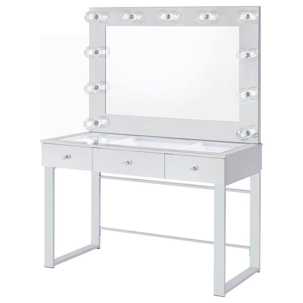 Coaster Home Furnishings Umbridge Modern Classic 2-Piece 3-Drawer Chrome Metal Wrapped Makeup Vanity Desk with Hollywood Vanity Mirror for Bedroom Makeup Table Tempered Glass Top Chrome 935934