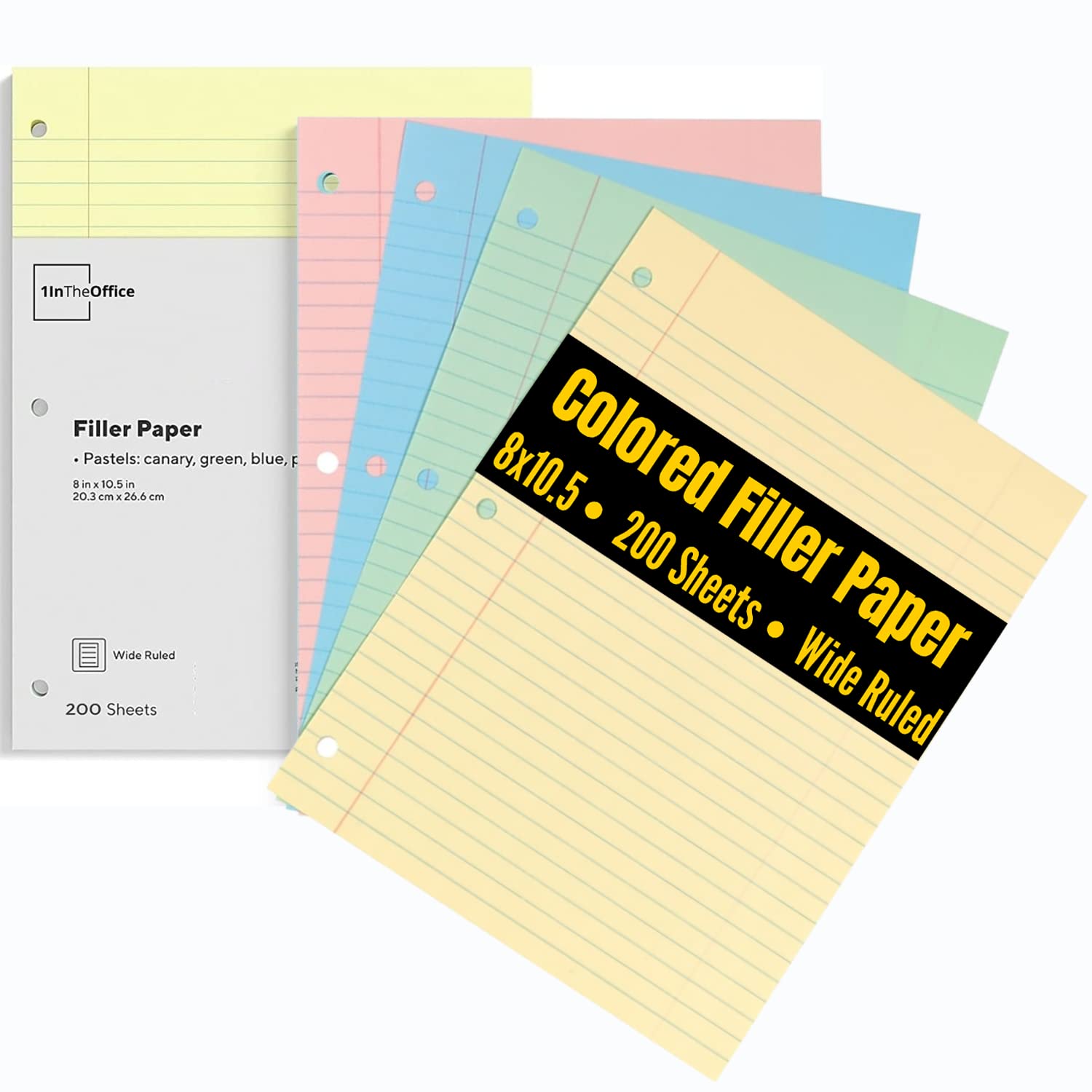 1Intheoffice Filler Paper Wide Ruled, Colored Loose Leaf Paper, 8' X 10.5', 3-Hole Punched, Assorted Colors, Pastel, 200 Pack