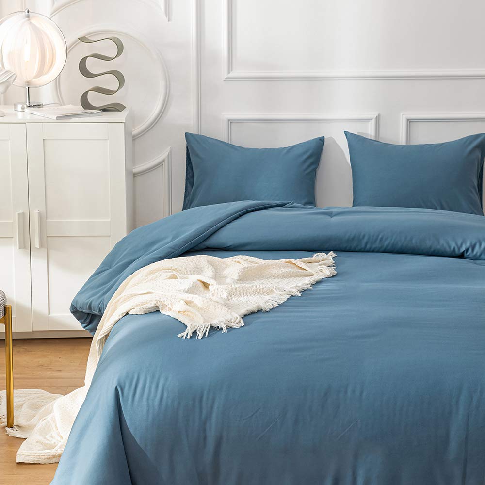 Clothknow Lake Blue Comforter Set California King 3Pcs Blue Bedding Comforter Sets Dusty Blue Comforter Soft Grayish Blue Comfor