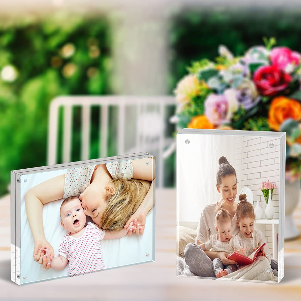 Ilyxy 2 Pack Acrylic Frame 5X7, 20% Thicker, 24Mm Thick Frameless Clear Picture Frame, Double Sided Magnetic Photo Frame, Free S