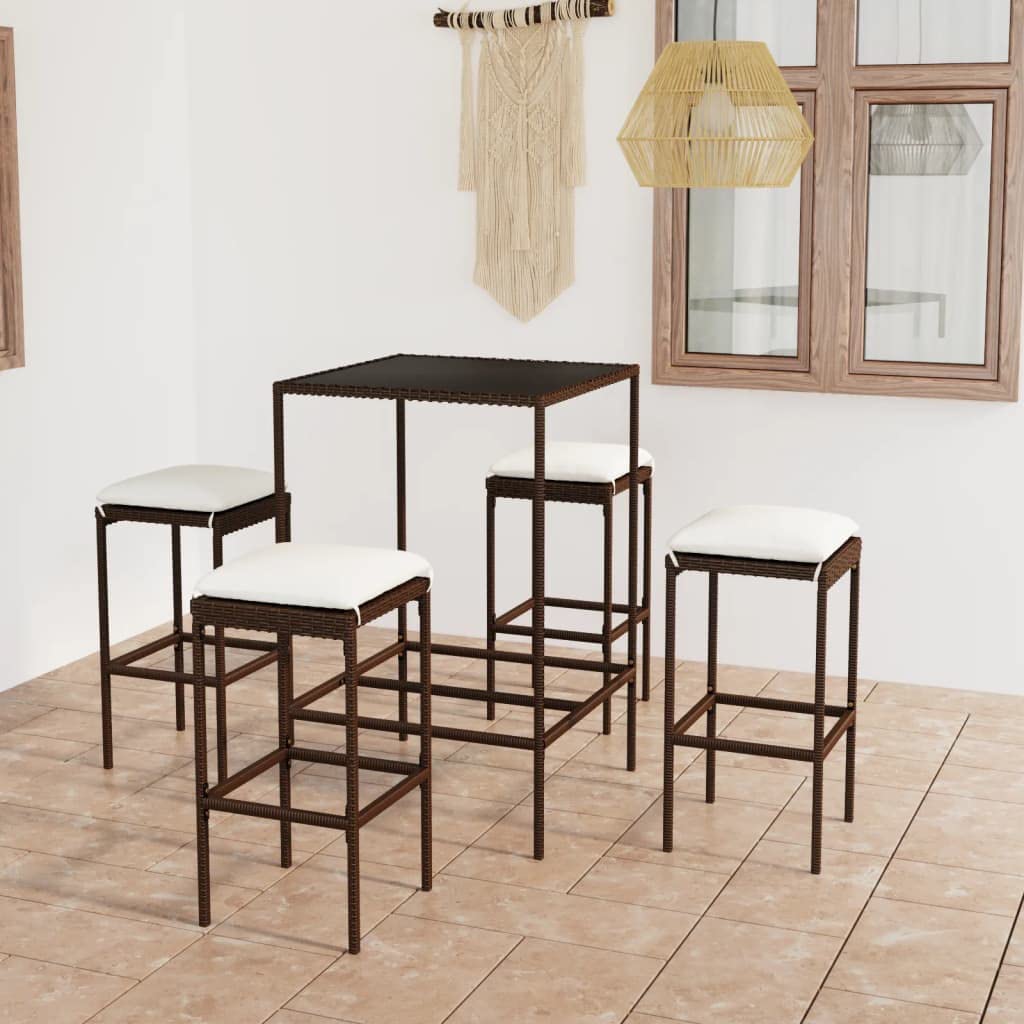 vidaXL Patio Bar Set 5 Piece, Bar Stool for Outdoor Garden Backyard, Bistro Set with Cushions, Bar Table, Farmhouse Modern Style, Poly Rattan Brown