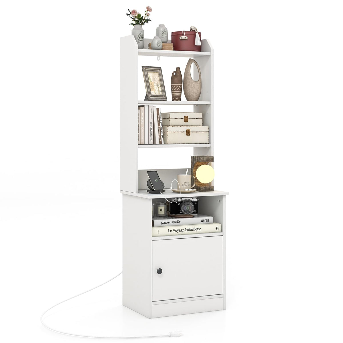 Giantex Tall Nightstand With Charging Station - 56' Tall Bedside Table With 6-Level Adjustable Bookshelf, Modern End Side Table With Storage Cabinet For Bedroom, White Tall Night Stand