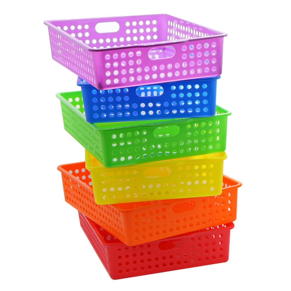 6 Pack Colorful Plastic Classroom Storage Bins 13.75' X 10.25' For Organizing A4 Papers Trays, Pencils, Arts And Crafts Suppli