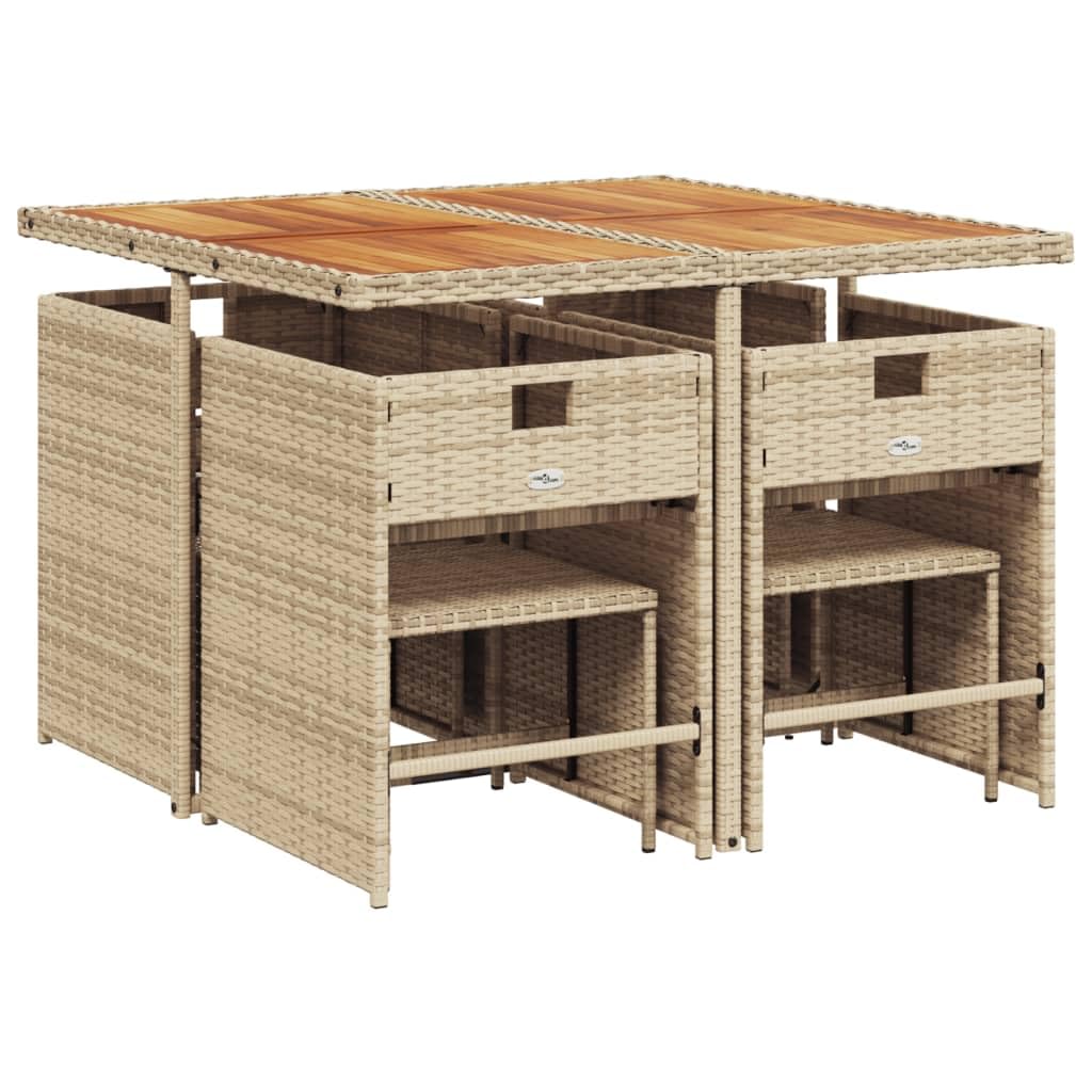 vidaXL Patio Dining Set with Cushions - 9 Piece - Beige Poly Rattan Garden/Outdoor Furniture - Space-Saving Foldable Chairs and Acacia Wood Tabletop