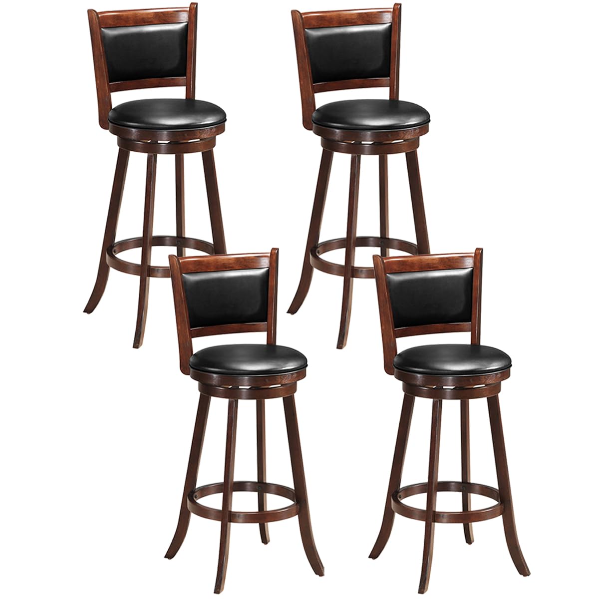 Ergomaster Bar Stools Set Of 4, 29” Bar Height Bar Stools For Kitchen Island, Rubber Wood, Swivel Barstools With Backs For Pub, Bar, Restaurant, Brown & Black