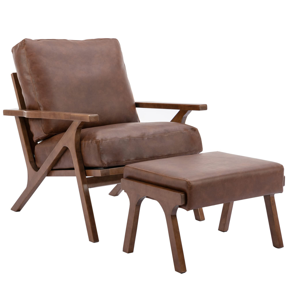 Chairus Mid-Century Modern Accent Chair With Ottoman, Faux Leather Armchair With Wood Legs Comfy Upholstered Single Sofa Chair F
