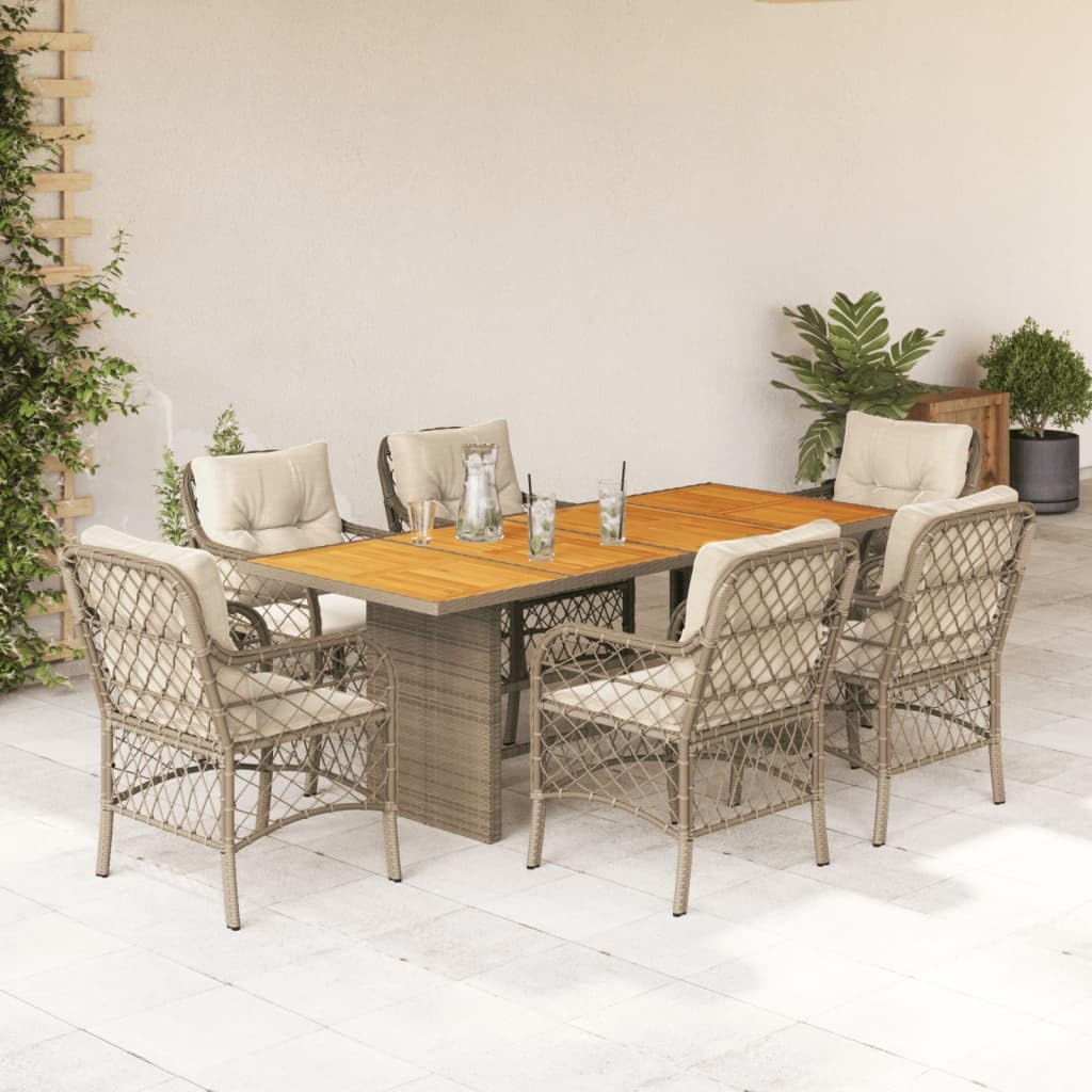 vidaXL 7 Piece Patio Dining Set with Cushions Beige Poly Rattan - Acacia Wood Table, Cushioned Seats for Garden, Patio, Backyard