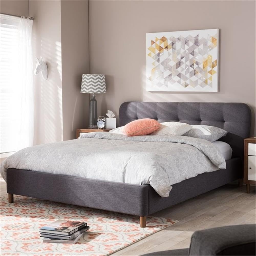 Baxton Studio Germaine Mid-Century Modern Dark Grey Fabric King Size Grid-Tufting Platform Bed