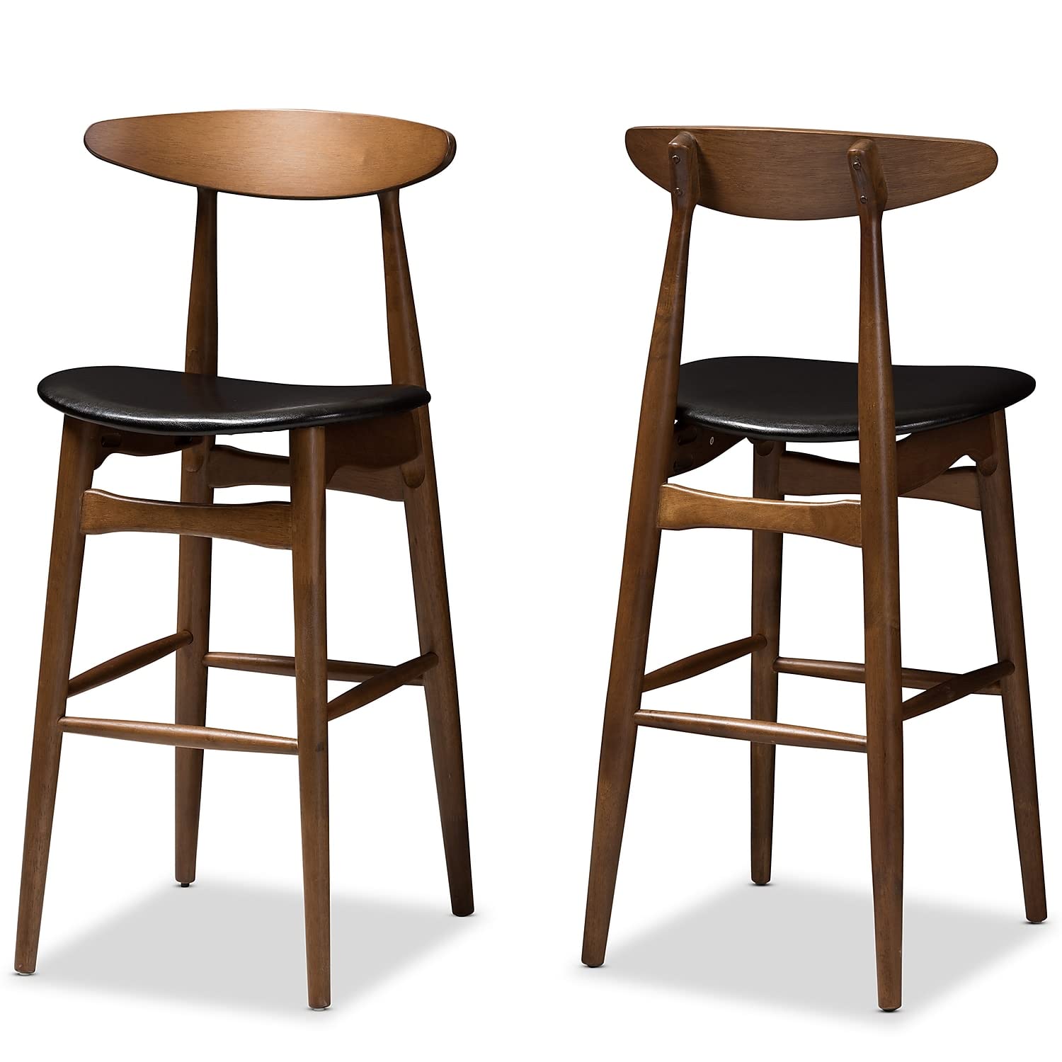 Baxton Studio Flora Mid-Century Faux Leather Bar Stool with Back, Black and Walnut Brown, 2-Pieces (144-2P-8074-HIT)