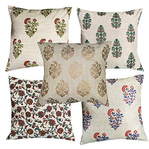 Pink Parrot Cotton Multi Colour Gold PrintCushion Cover With Zipper 18X18 InchSet Of 5 Pcs