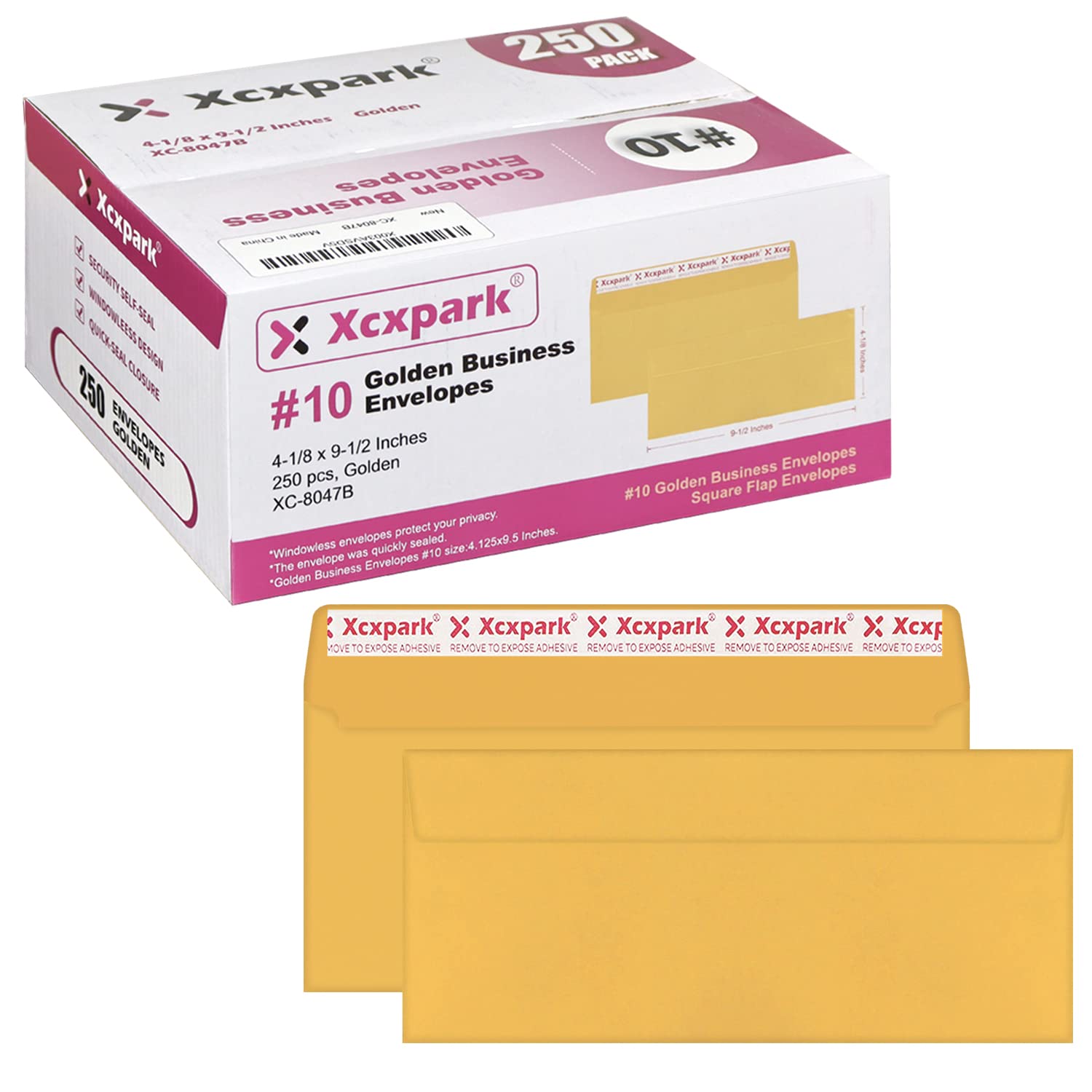 Xxcxpark 250 Pcs #10 Golden Self Seal Kraft Security Envelopes - 4-1/8 X 9-1/2 Inches, Windowless, Invisible, Super Strong Quick