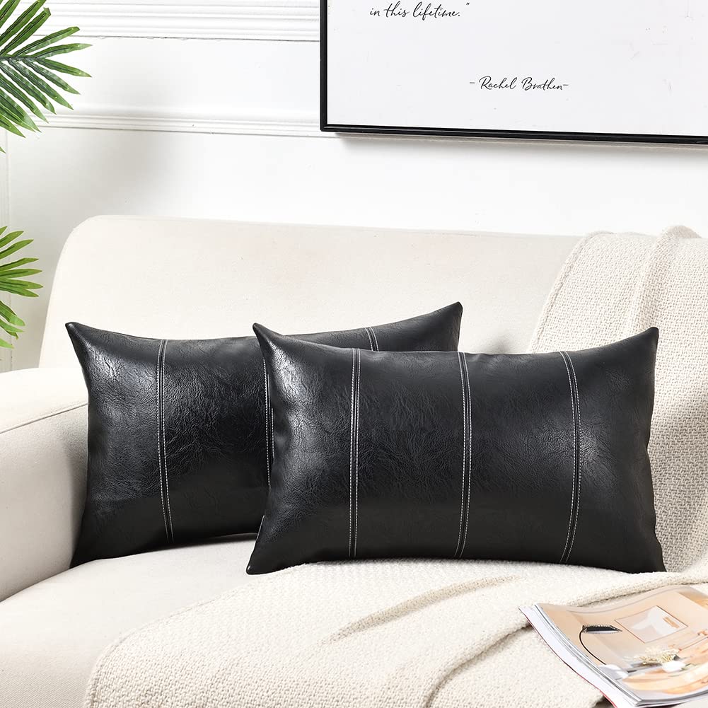 Fancy Homi 2 Packs Black Lumbar Faux Leather Decorative Throw Pillow Covers 12x20 Inch for Living Room Couch Bed Sofa, Boho Farm