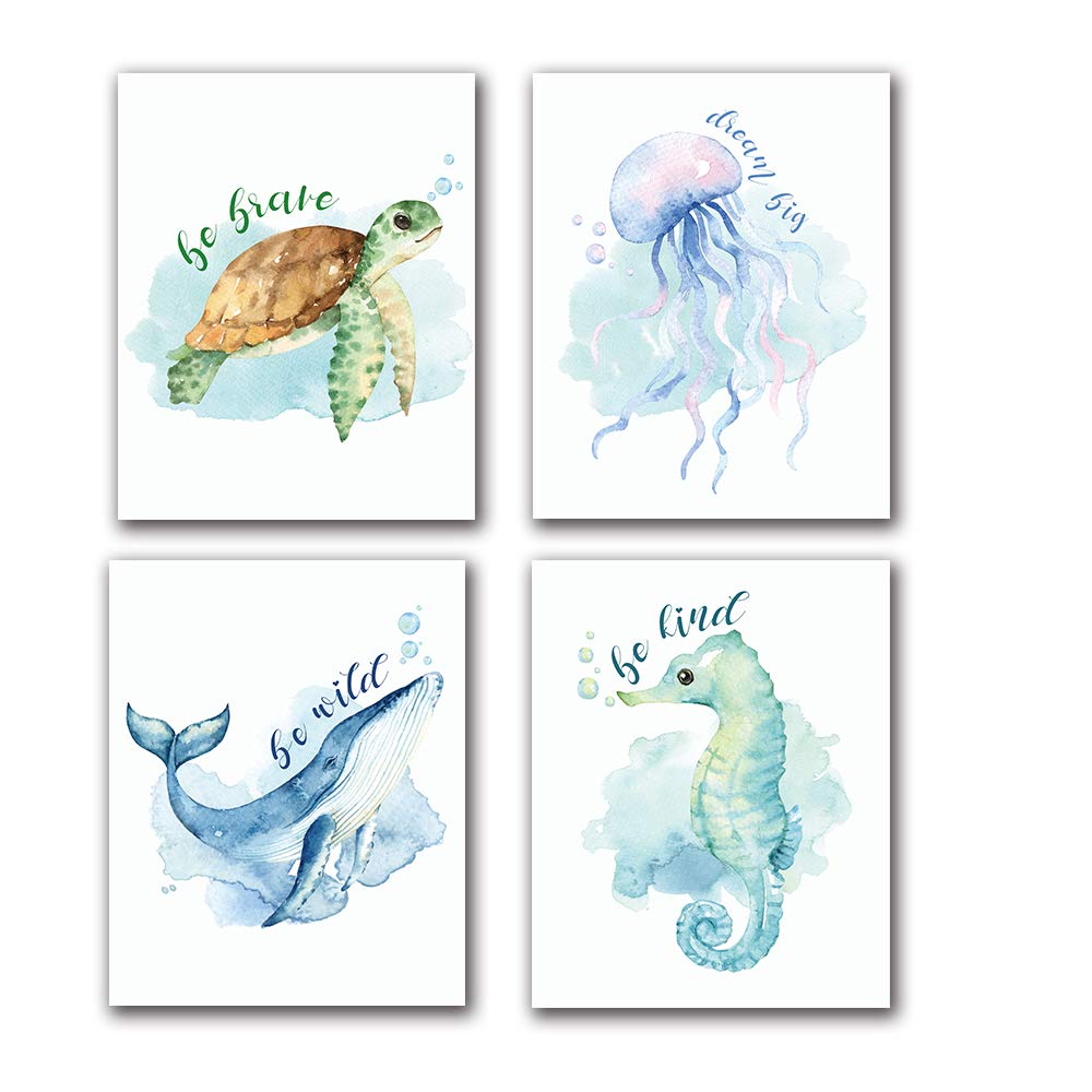 LONLONBANG Funny Watercolor Ocean life Quotes Art Print, Picture Poster for Nursery Kids Girls Bedroom Bathroom Home Decor, Sea 