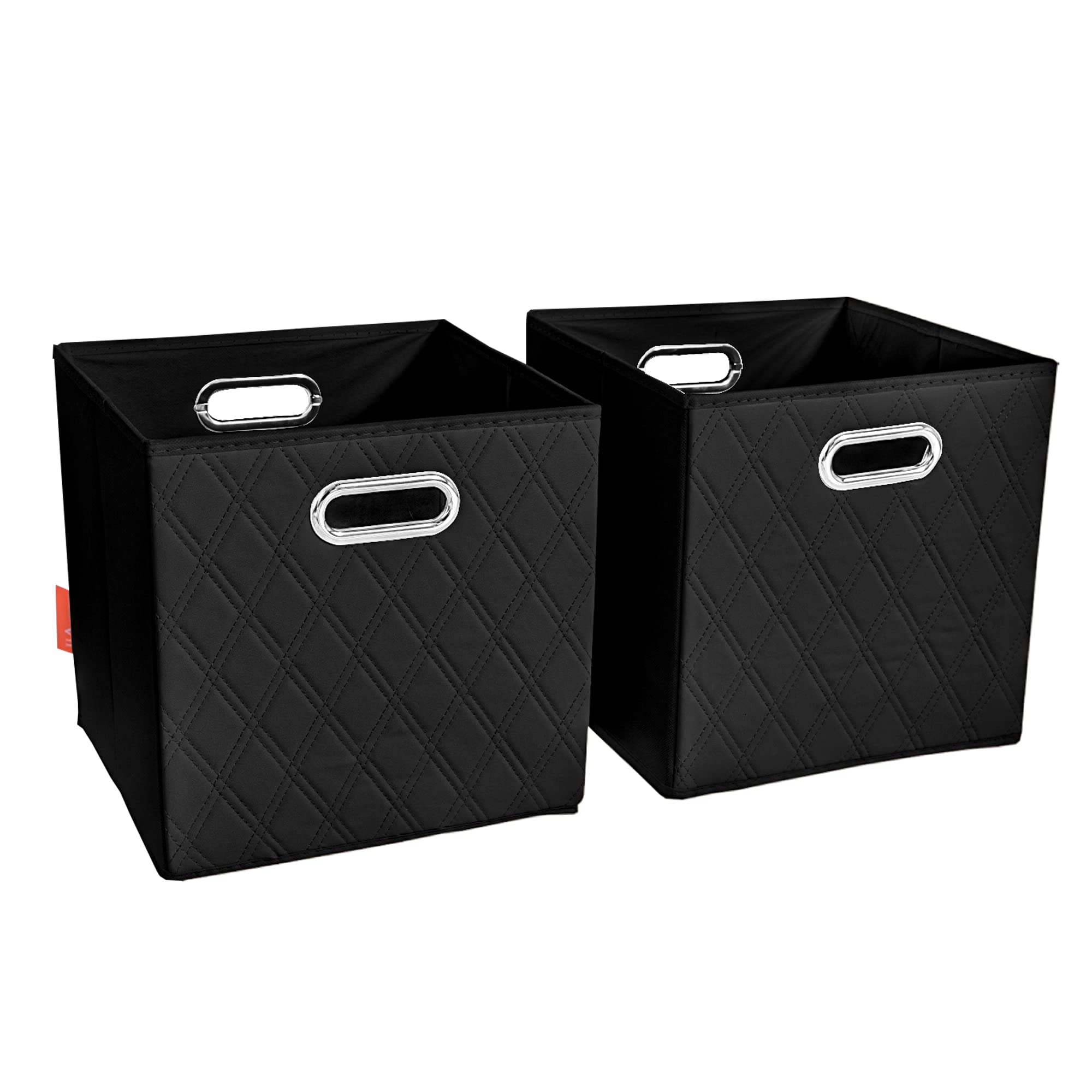 FH Group JIAessentials 13 Faux Leather Foldable Storage Cube Bins Set of 2 - Black Diamond Patterned Organizers with Handles for