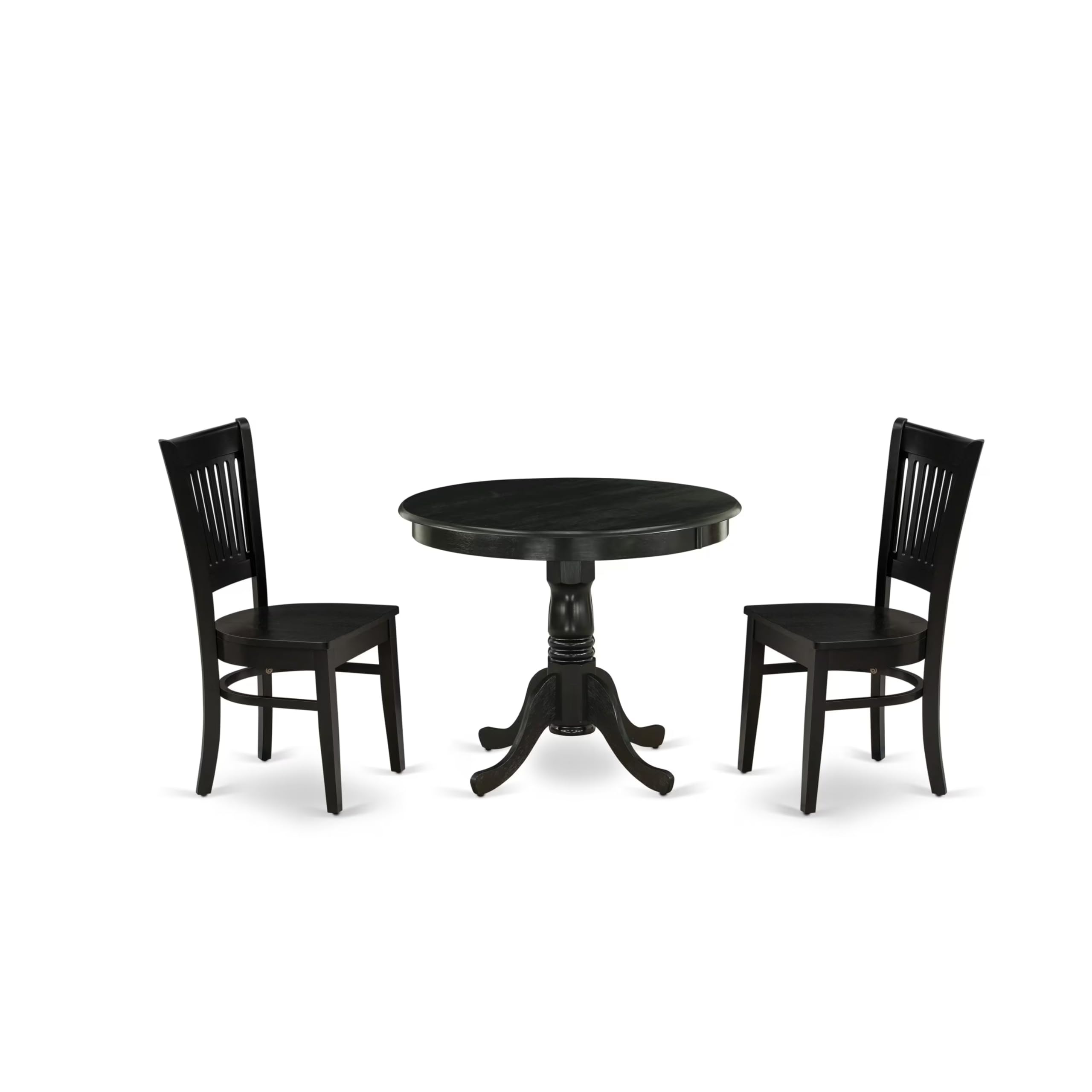 East West Furniture Anva3-Blk-W 3 Piece Kitchen Table Set For Small Spaces Contains A Round Dining Room Table With Pedestal And 2 Dining Chairs, 36X36 Inch, Black