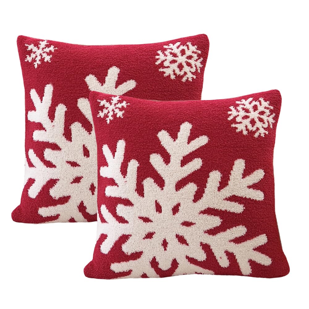 Niditw Set Of 2 Ultra Soft Red Snowflake Throw Pillow Cover Microfiber Christmas Cushion Case Cozy Fluffy Pillowcase Square Deco
