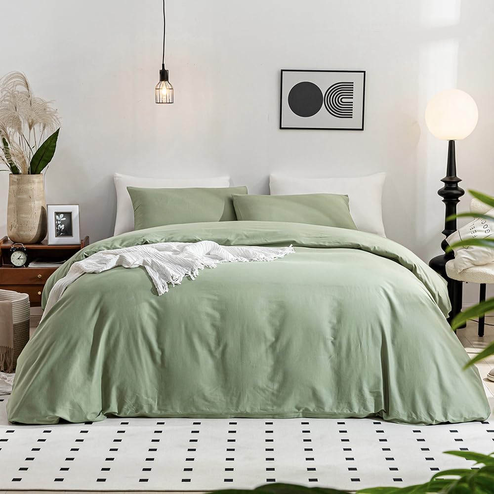 Jellymoni Light Green Duvet Cover Full Size - 100% Washed Cotton Linen Like Textured Comforter Cover, 3 Pieces Breathable Soft B