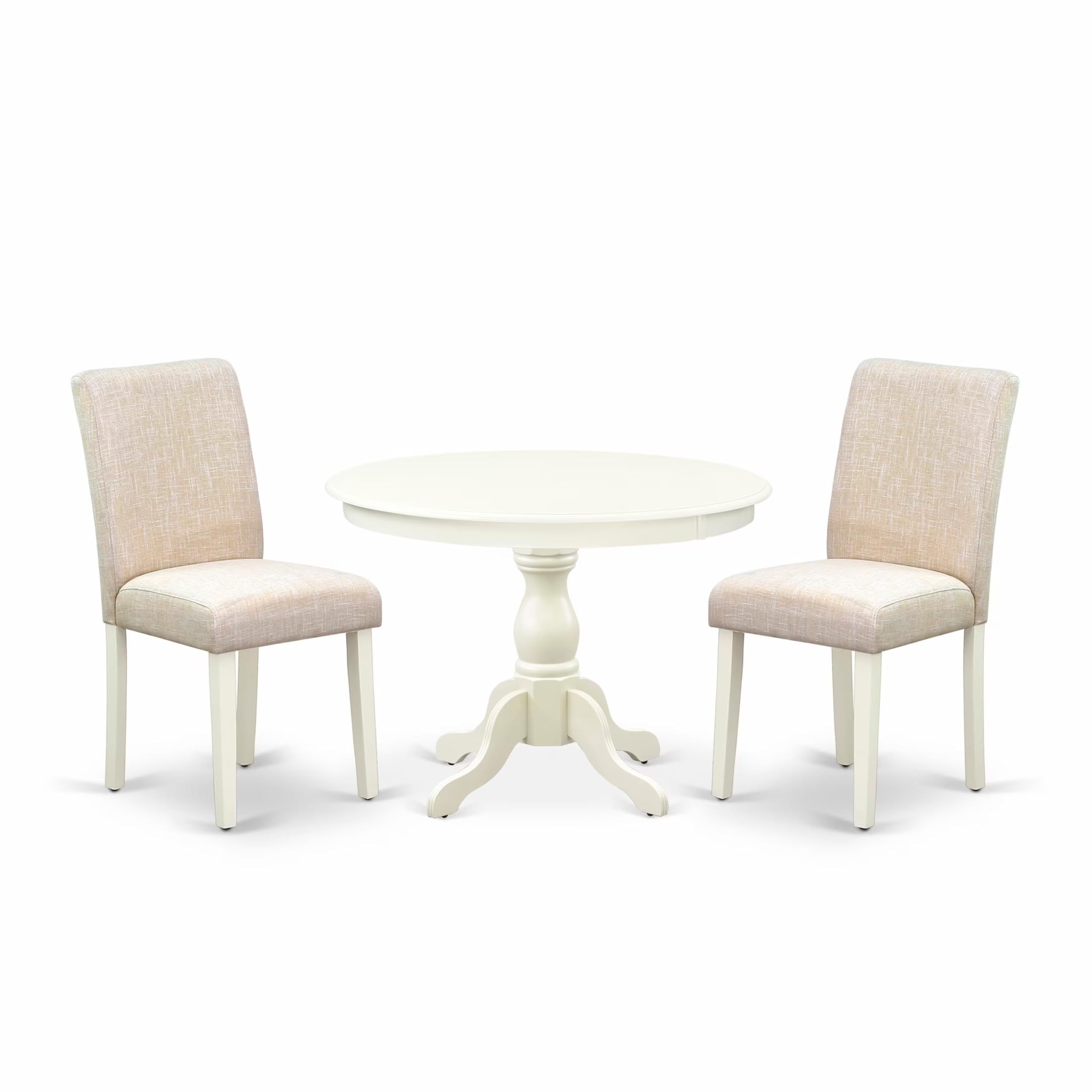 East West Furniture HBAB3-LWH-02 3 Piece Dining Set Contains a Round Dining Room Table with Pedestal and 2 Light Beige Linen Fabric Upholstered Parson Chairs, 42x42 Inch, Linen White