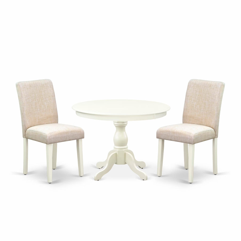 East West Furniture HBAB3-LWH-02 3 Piece Dining Set Contains a Round Dining Room Table with Pedestal and 2 Light Beige Linen Fabric Upholstered Parson Chairs, 42x42 Inch, Linen White