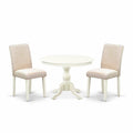 East West Furniture HBAB3-LWH-02 3 Piece Dining Set Contains a Round Dining Room Table with Pedestal and 2 Light Beige Linen Fabric Upholstered Parson Chairs, 42x42 Inch, Linen White
