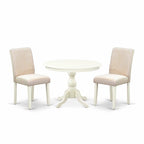 East West Furniture HBAB3-LWH-02 3 Piece Dining Set Contains a Round Dining Room Table with Pedestal and 2 Light Beige Linen Fabric Upholstered Parson Chairs, 42x42 Inch, Linen White