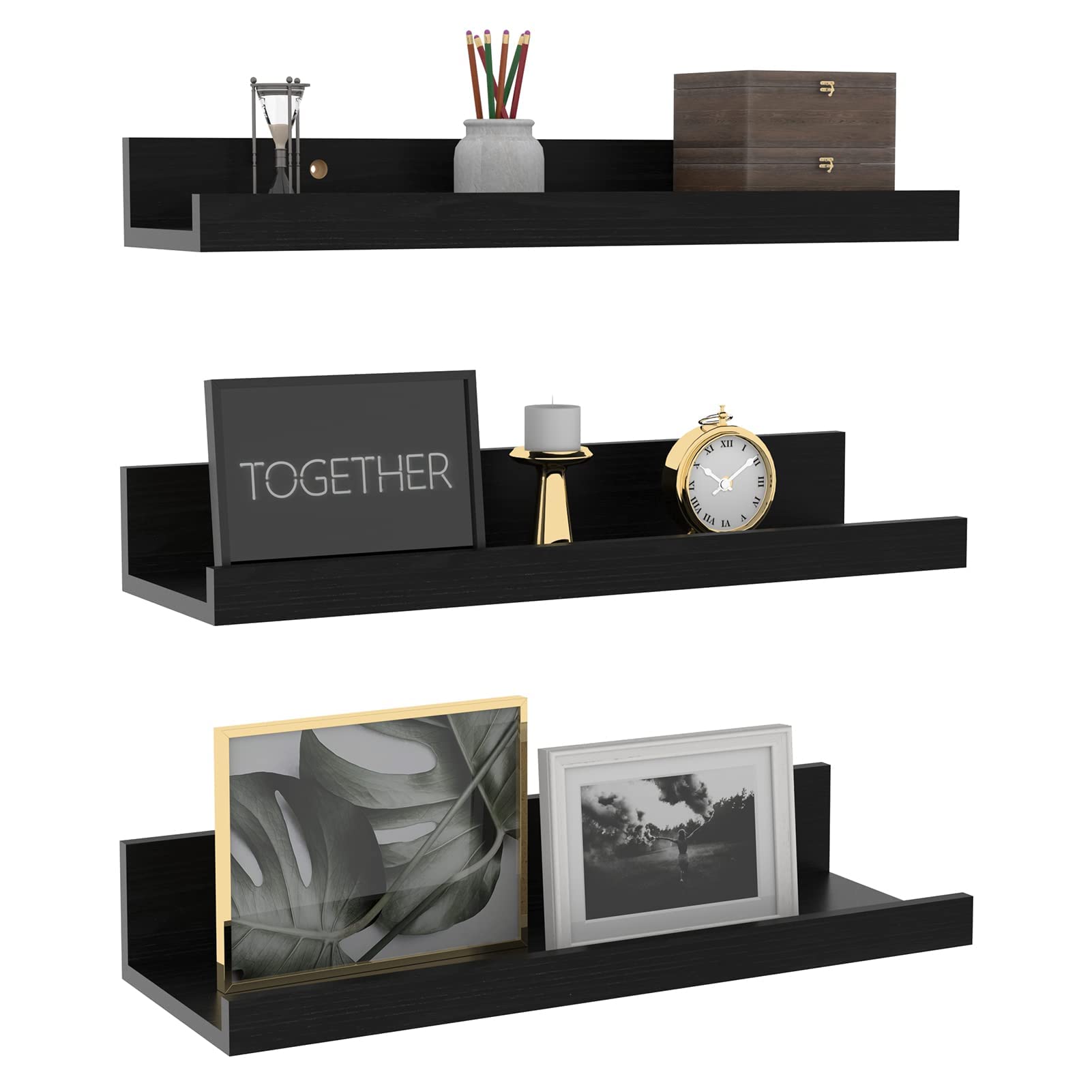 Giftgarden 16 Inch Black Floating Shelves for Wall Mount, Woodgrain Wall Shelf Ledge for Bathroom Bedroom Kitchen Living Room Of