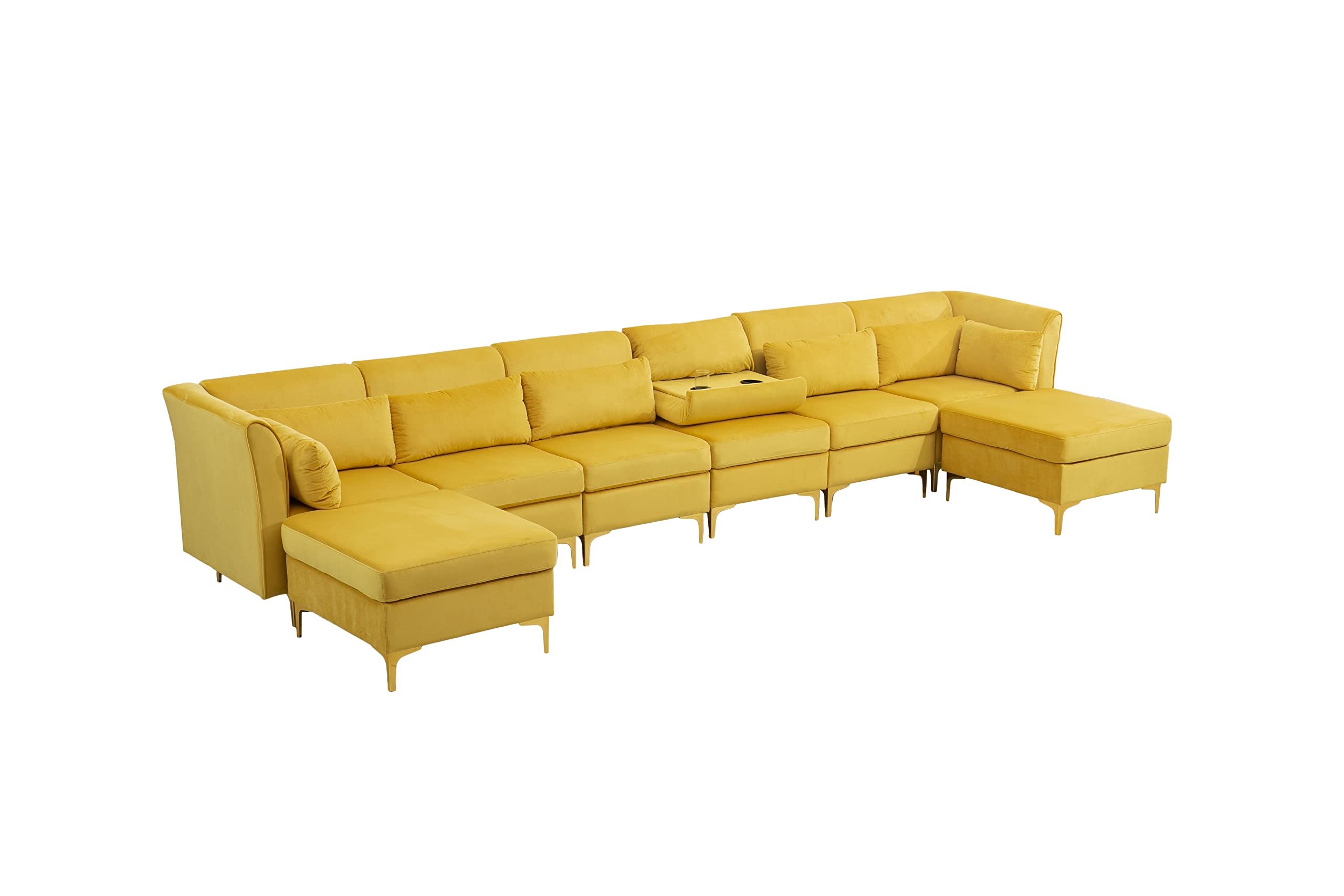 Lilola Home Jaka Yellow Woven Fabric 6-Seater Sofa with Dropdown Table and Ottoman
