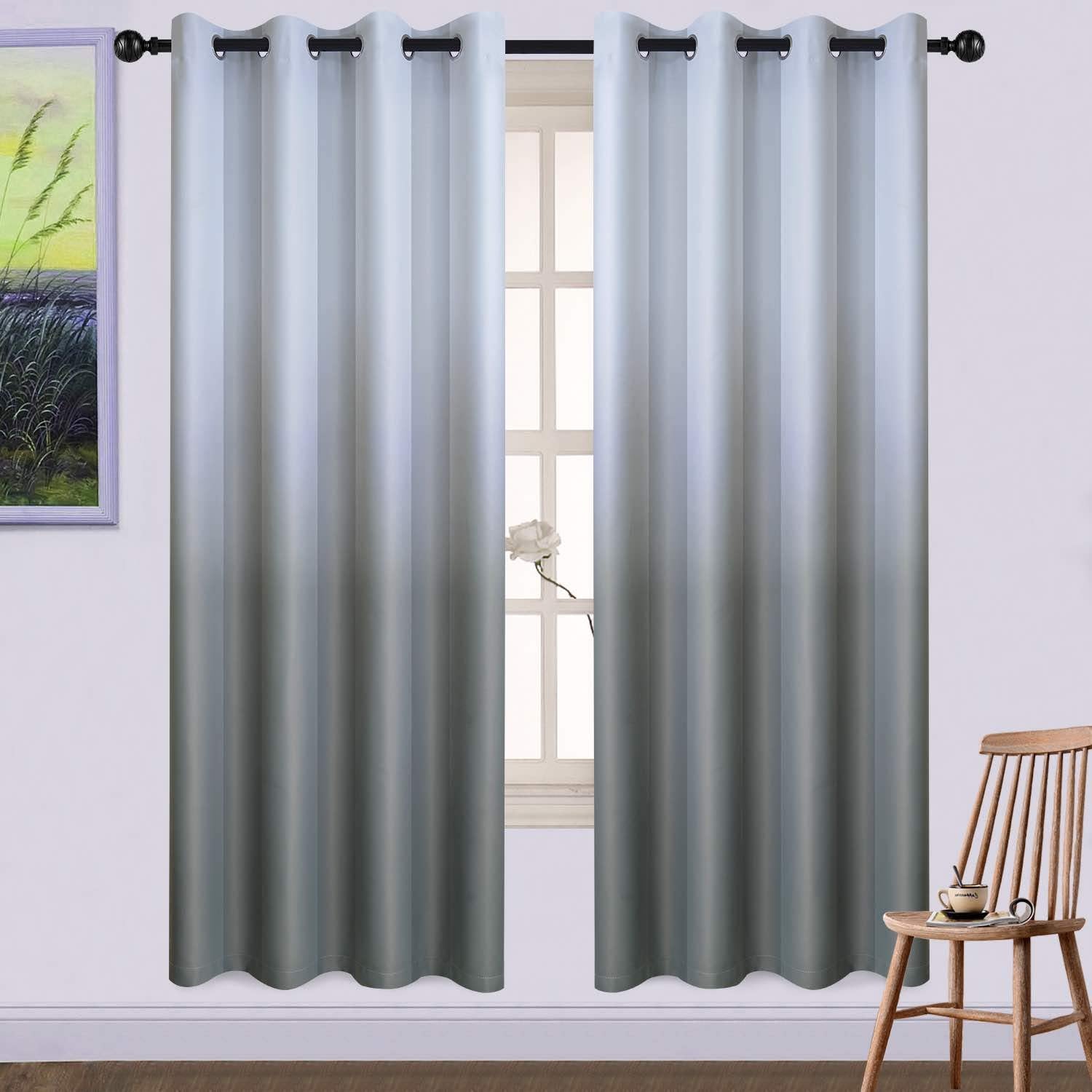 Yakamok Room Darkening Ombre Curtains, Thermal Insulated Grommet Grey Gradient Color Curtains,Light Blocking Window Drapes For B