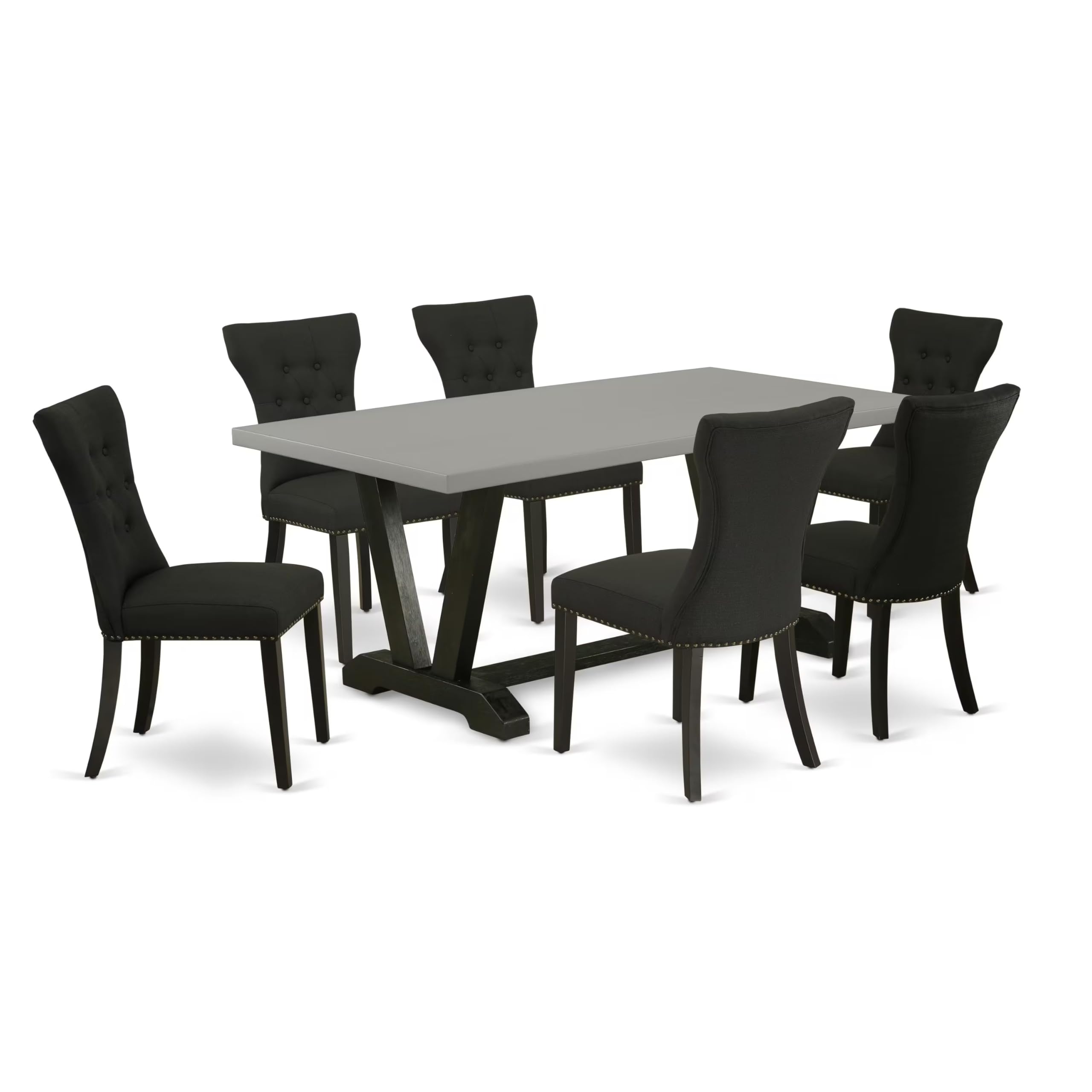 East West Furniture V697Ga124-7 7 Piece Dining Table Set Consist Of A Rectangle Dining Room Table With V-Legs And 6 Black Linen Fabric Parsons Chairs, 40X72 Inch, Multi-Color