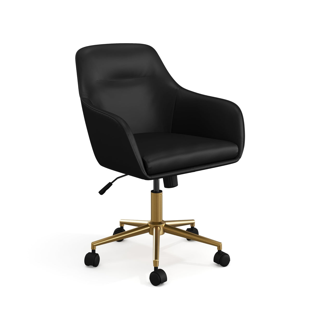 Martha Stewart Rayna Swivel Task Chair With Flared Arms For Home Office In Black Faux Leather With Polished Brass Frame